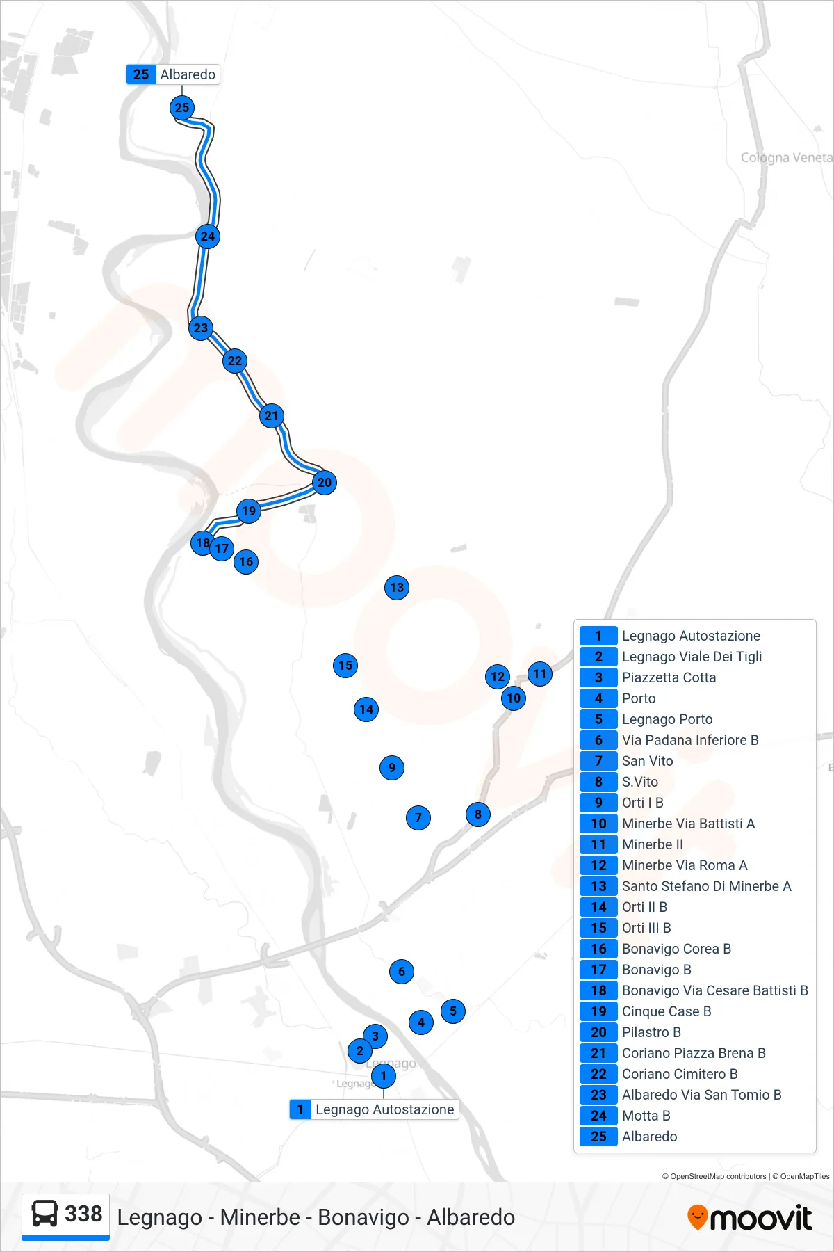 Linea 338  bus (Albaredo D'Adige) - Percorsi e fermate sulla mappa
