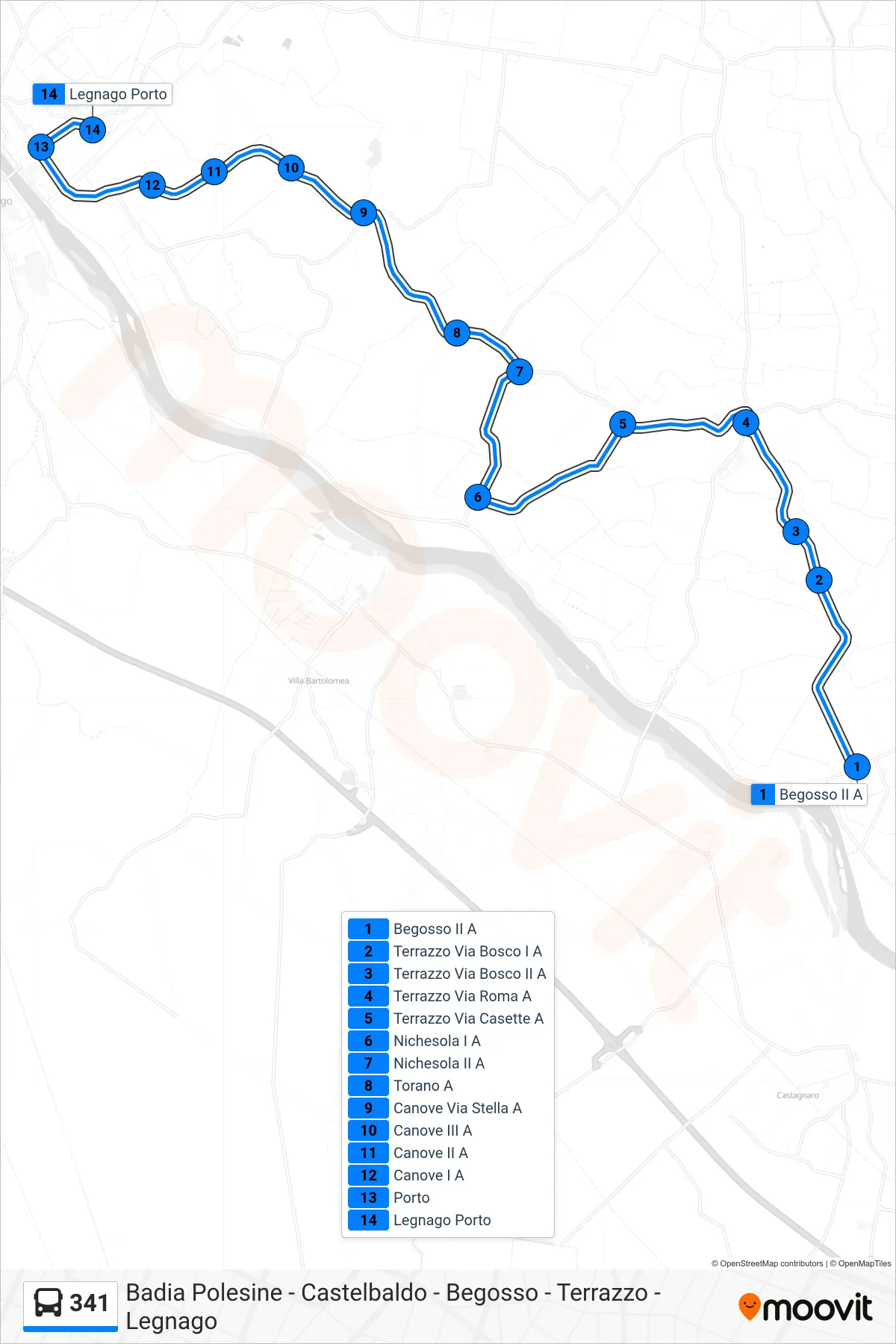 Linea 341 bus (Legnago Porto) - Percorsi e fermate sulla mappa