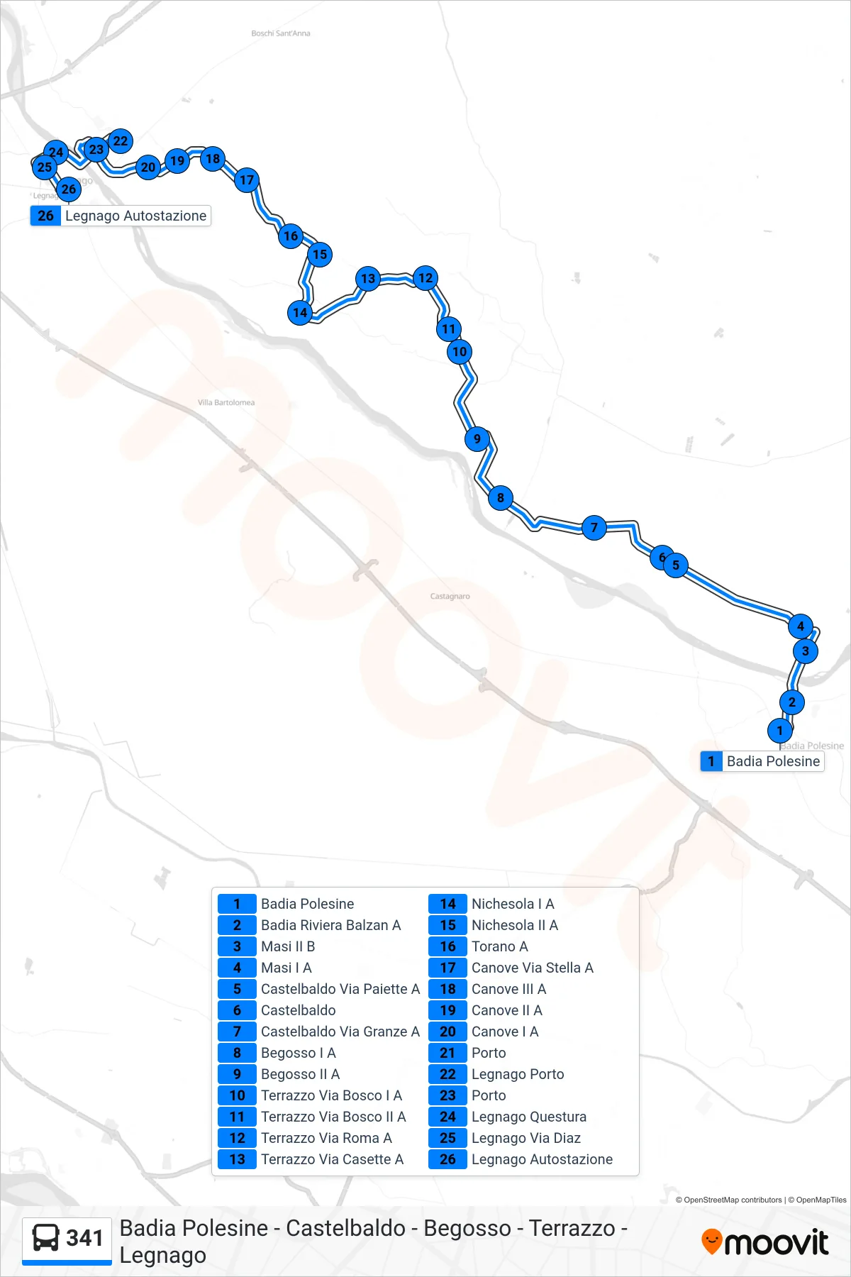 Linea 341 bus (Legnago Autostazione) - Percorsi e fermate sulla mappa