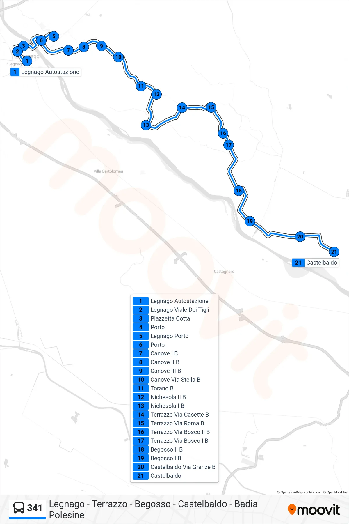 Linea 341 bus (Castelbaldo) - Percorsi e fermate sulla mappa