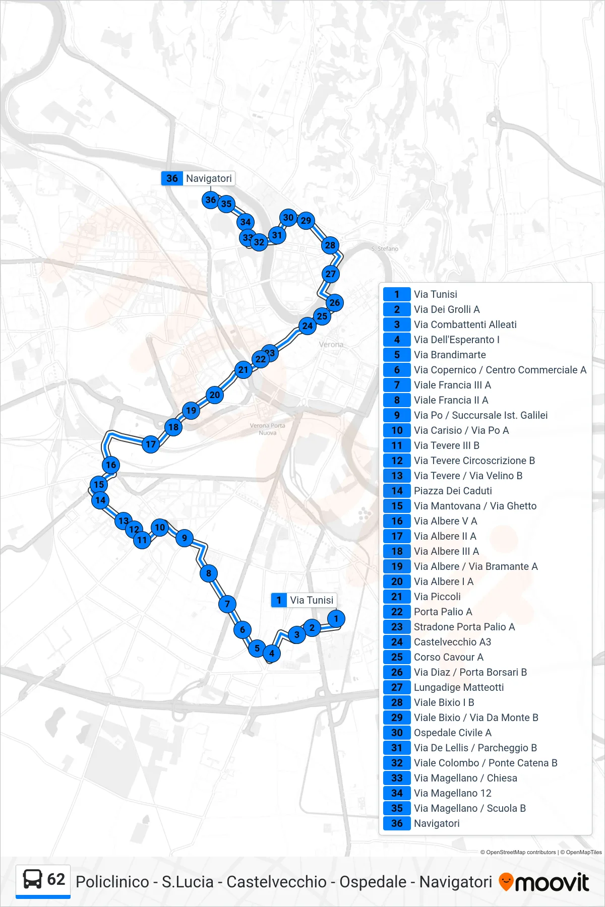 Linea 62  bus (Navigatori) - Percorsi e fermate sulla mappa