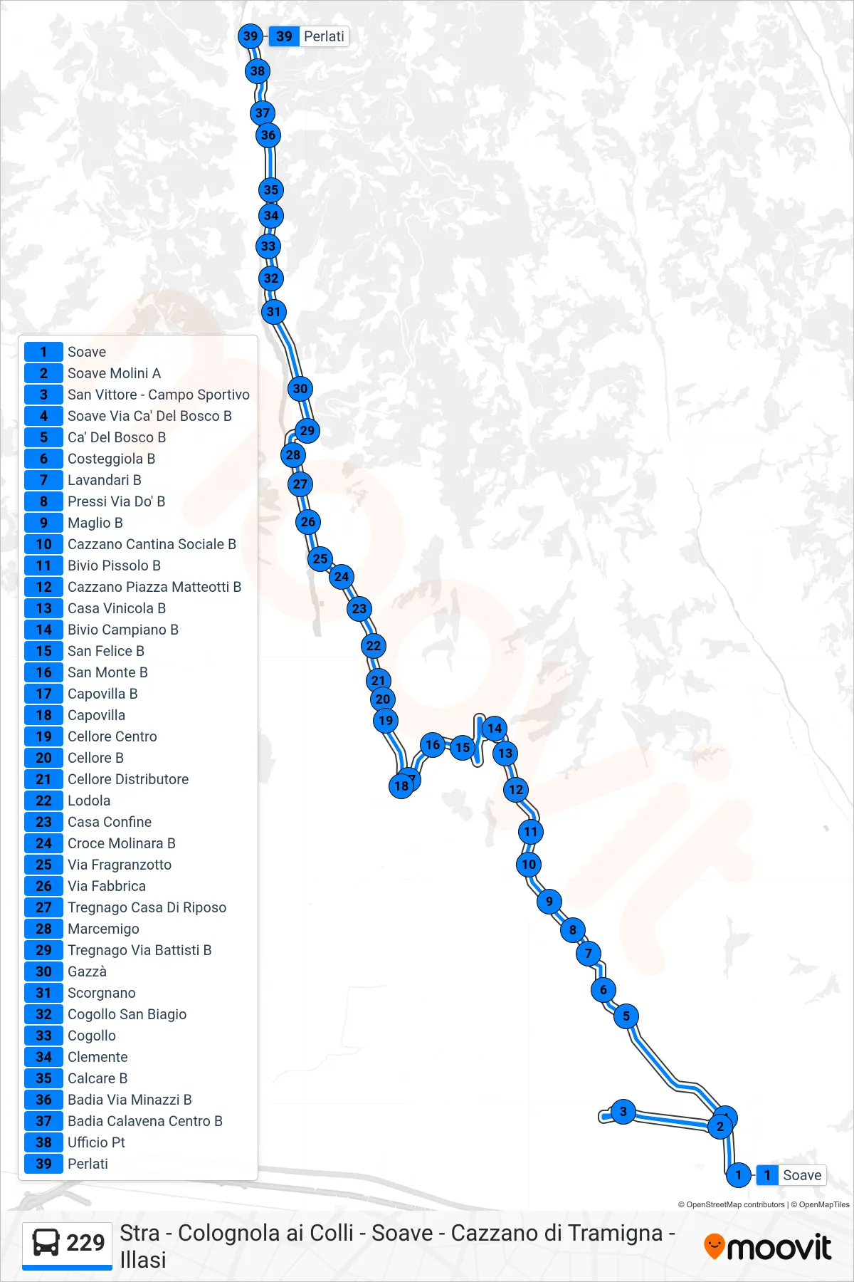 Linea 229  bus (Perlati) - Percorsi e fermate sulla mappa