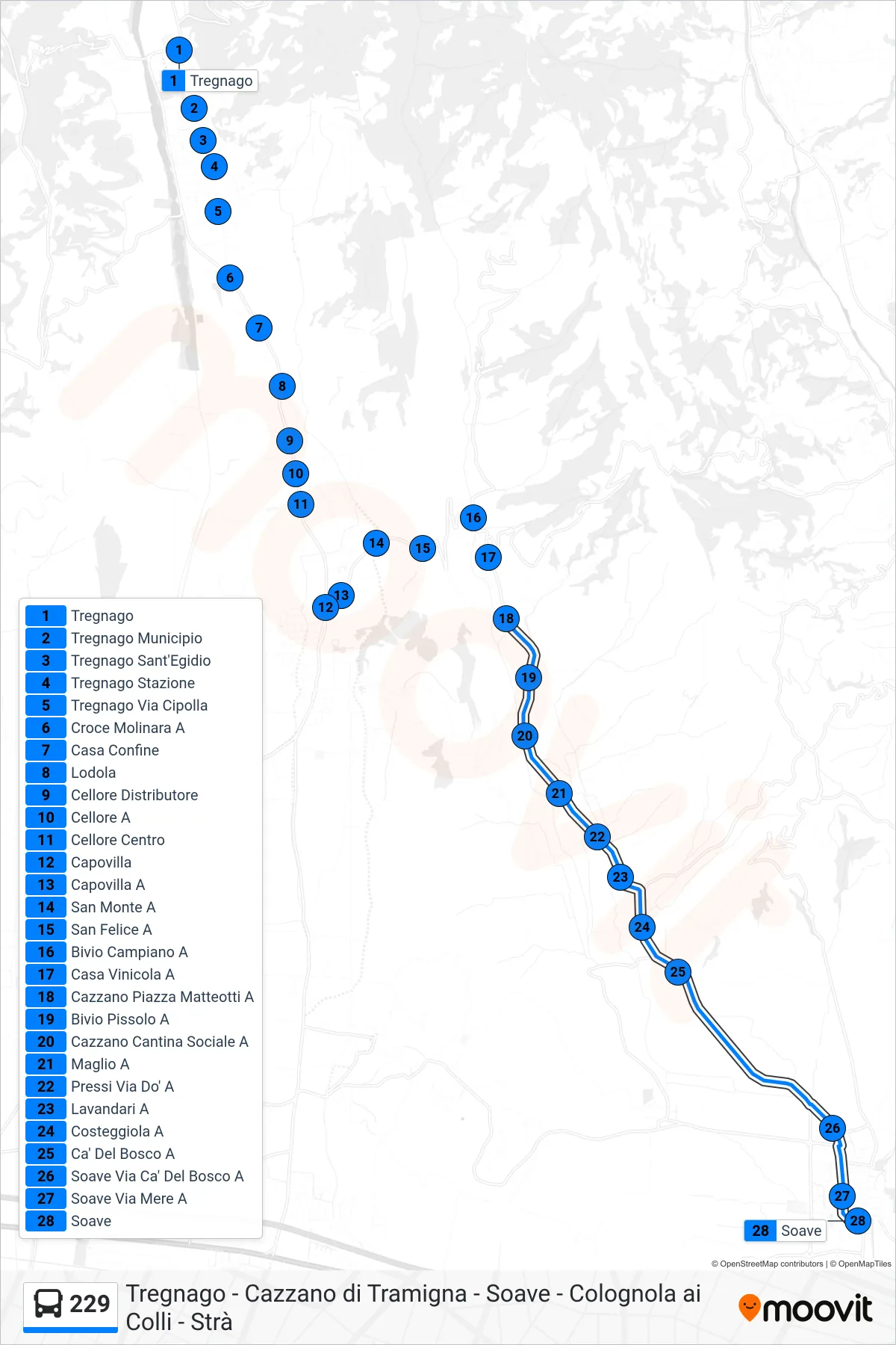 Linea 229  bus (Soave) - Percorsi e fermate sulla mappa