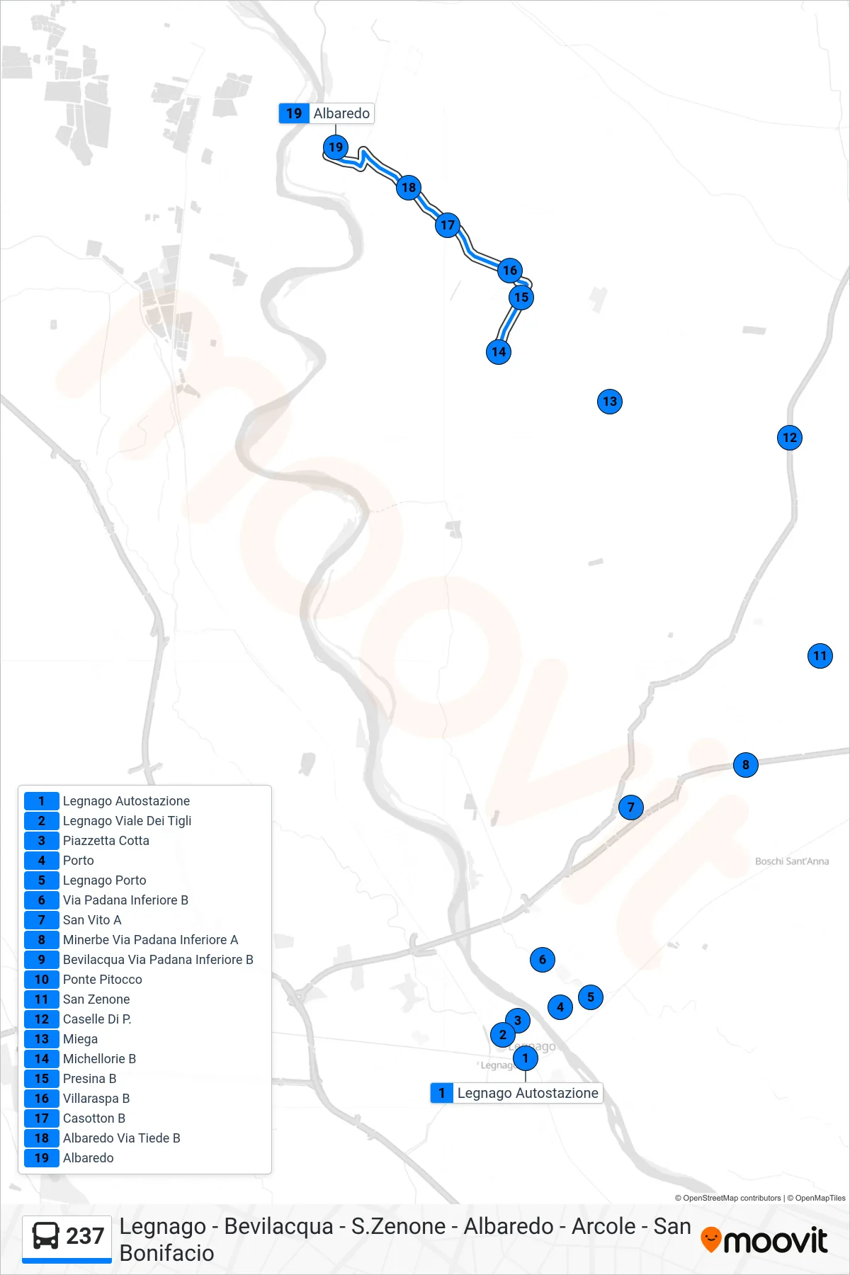 Linea 237 bus (Albaredo D'Adige) - Percorsi e fermate sulla mappa