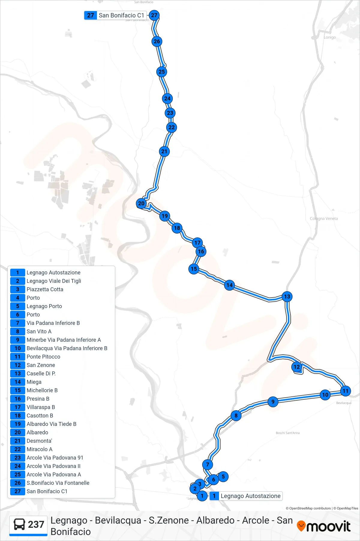 Linea 237 bus (San Bonifacio) - Percorsi e fermate sulla mappa