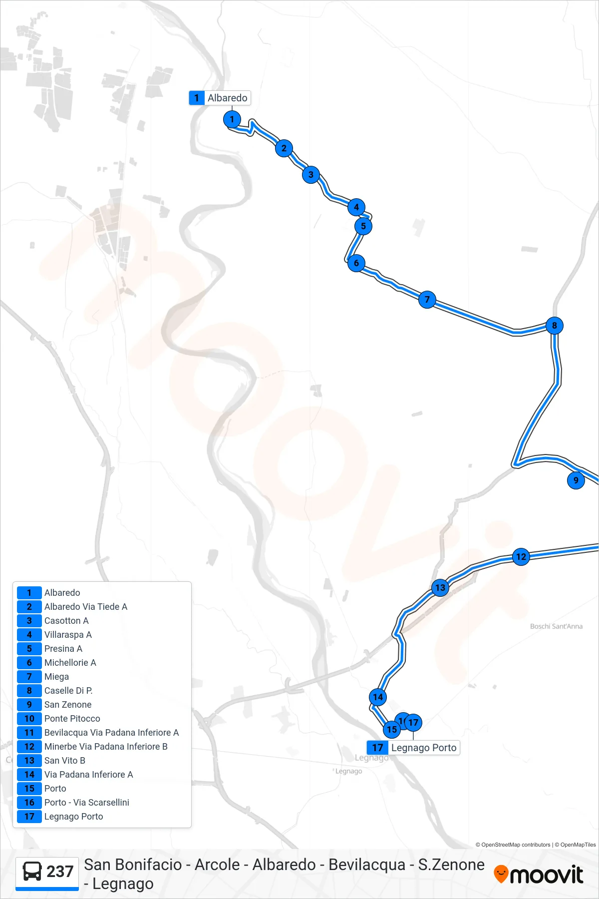 Linea 237 bus (Legnago Porto) - Percorsi e fermate sulla mappa