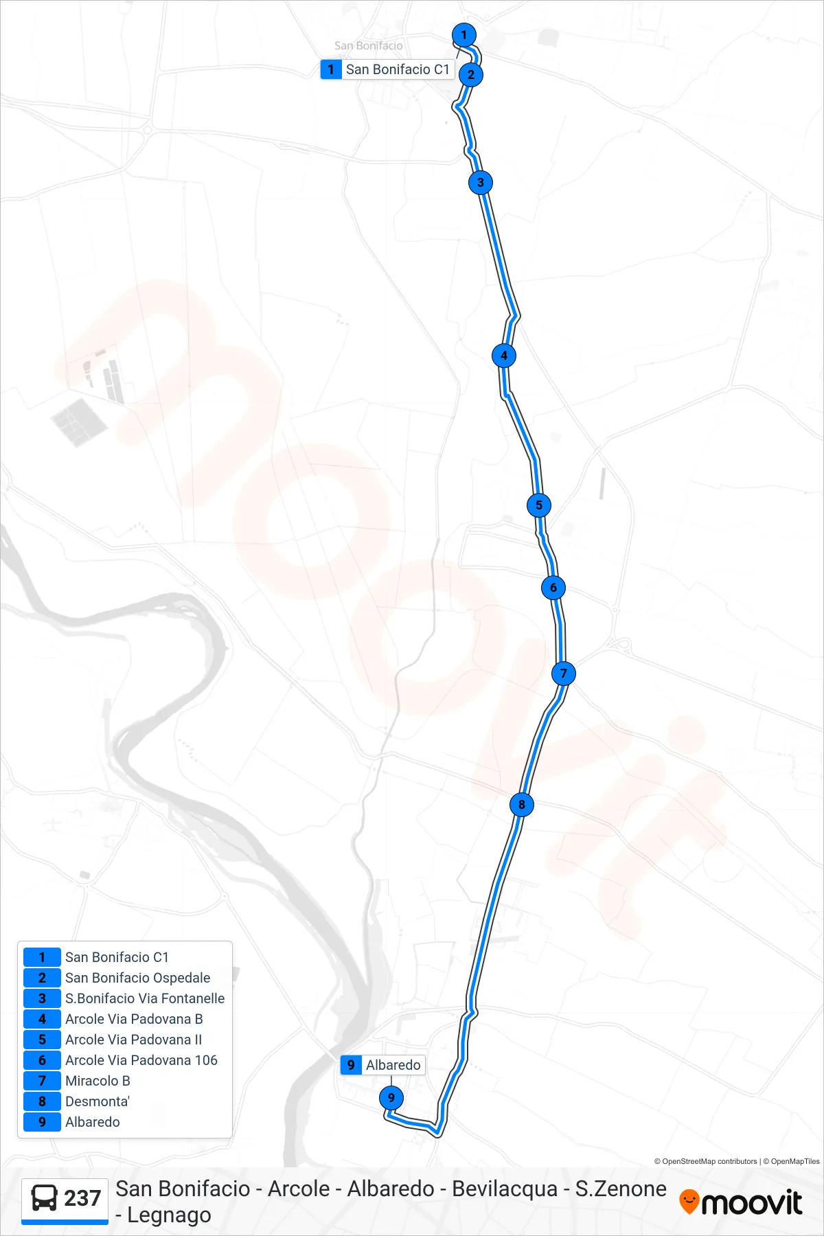 Linea 237 bus (Albaredo D'Adige) - Percorsi e fermate sulla mappa