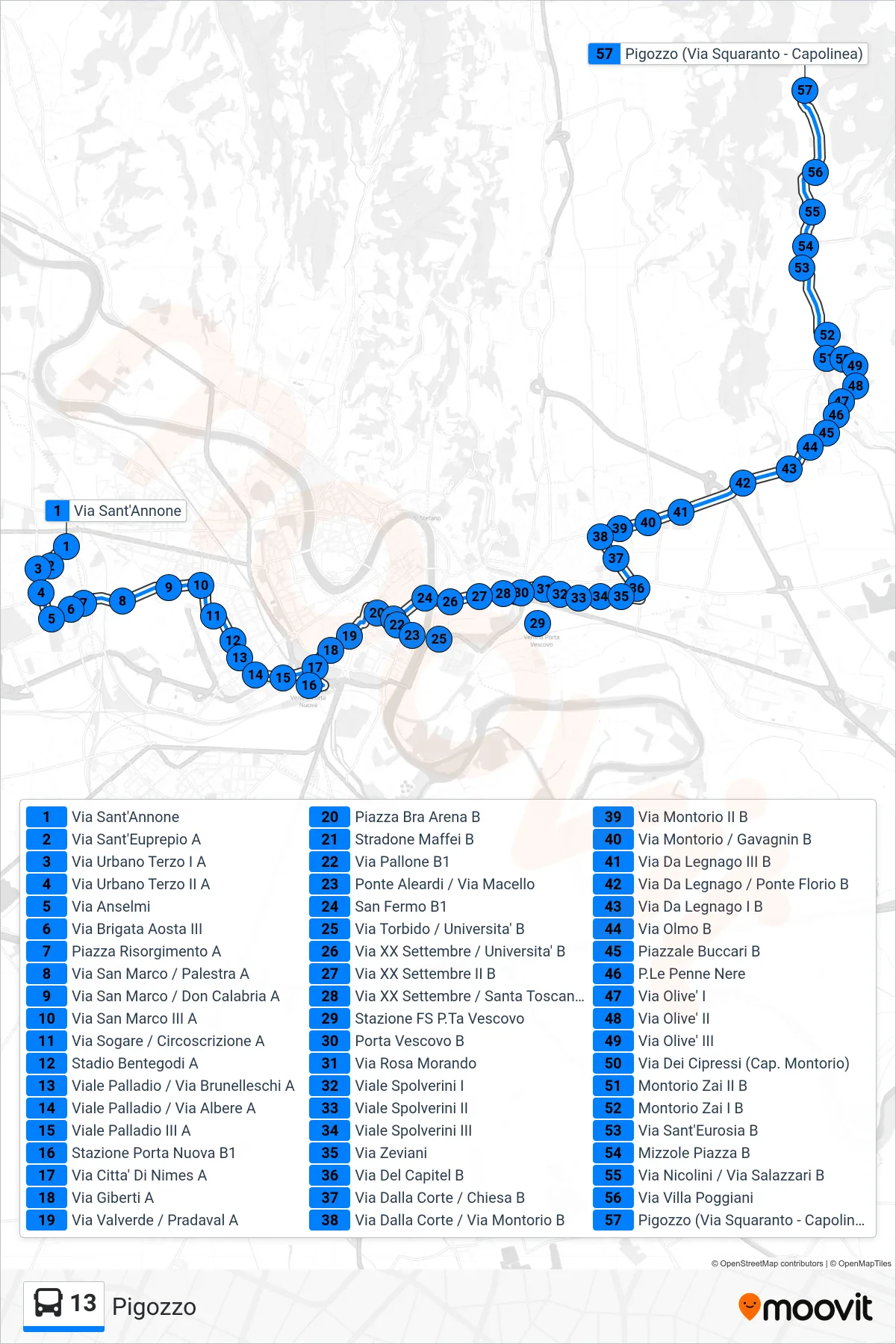 Linea 13 bus (Pigozzo) - Percorsi e fermate sulla mappa