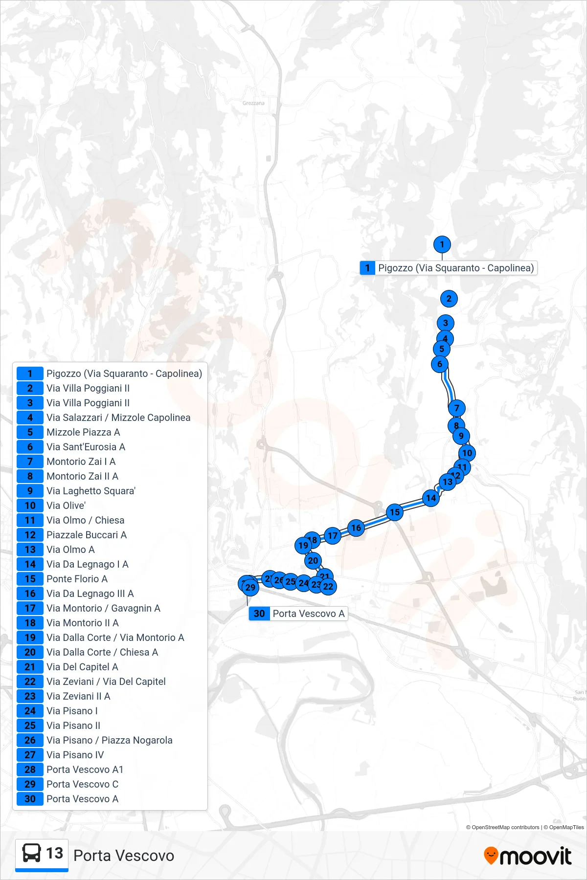 Linea 13  bus (Porta Vescovo) - Percorsi e fermate sulla mappa