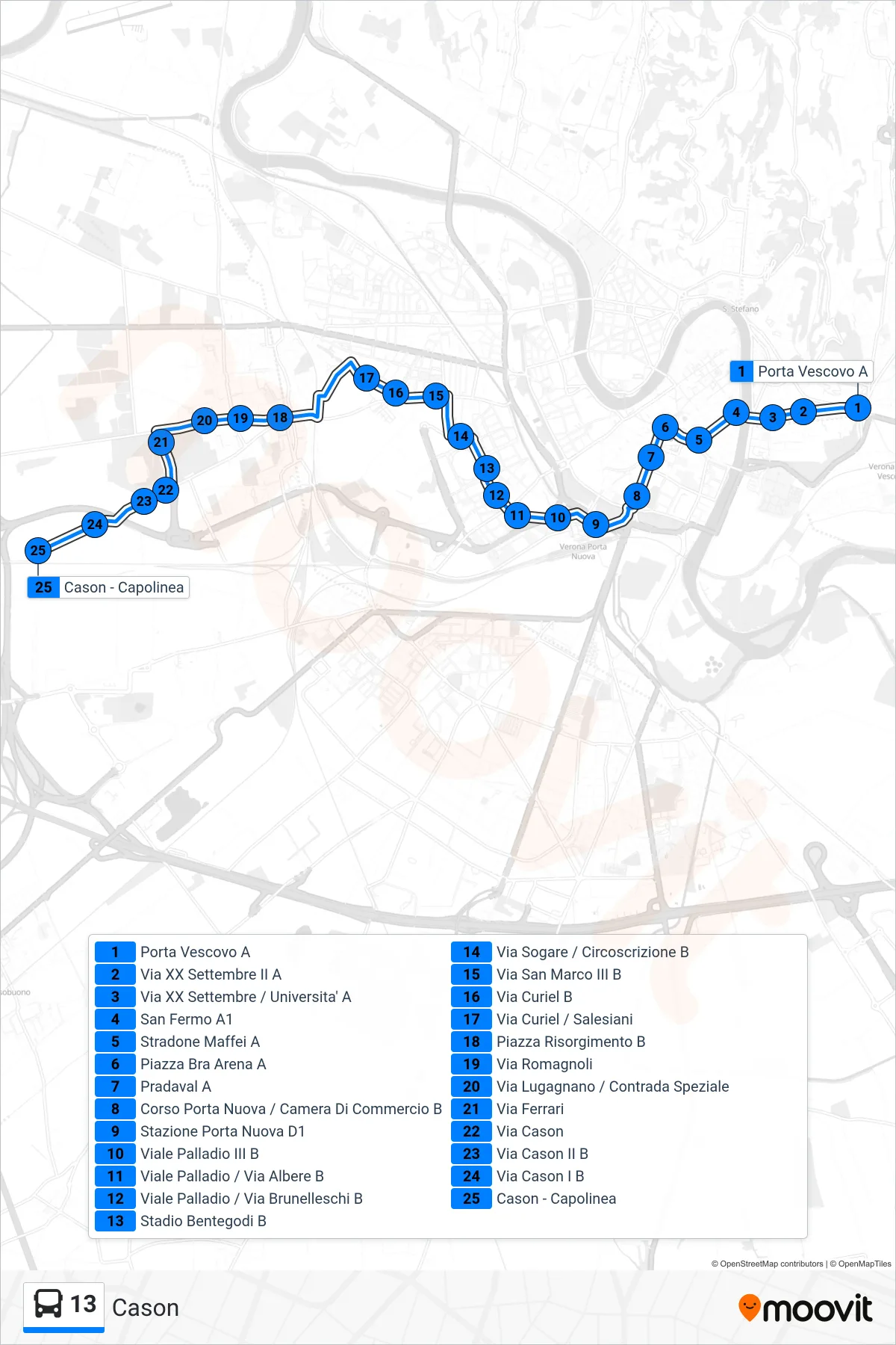 Linea 13 bus (Cason) - Percorsi e fermate sulla mappa
