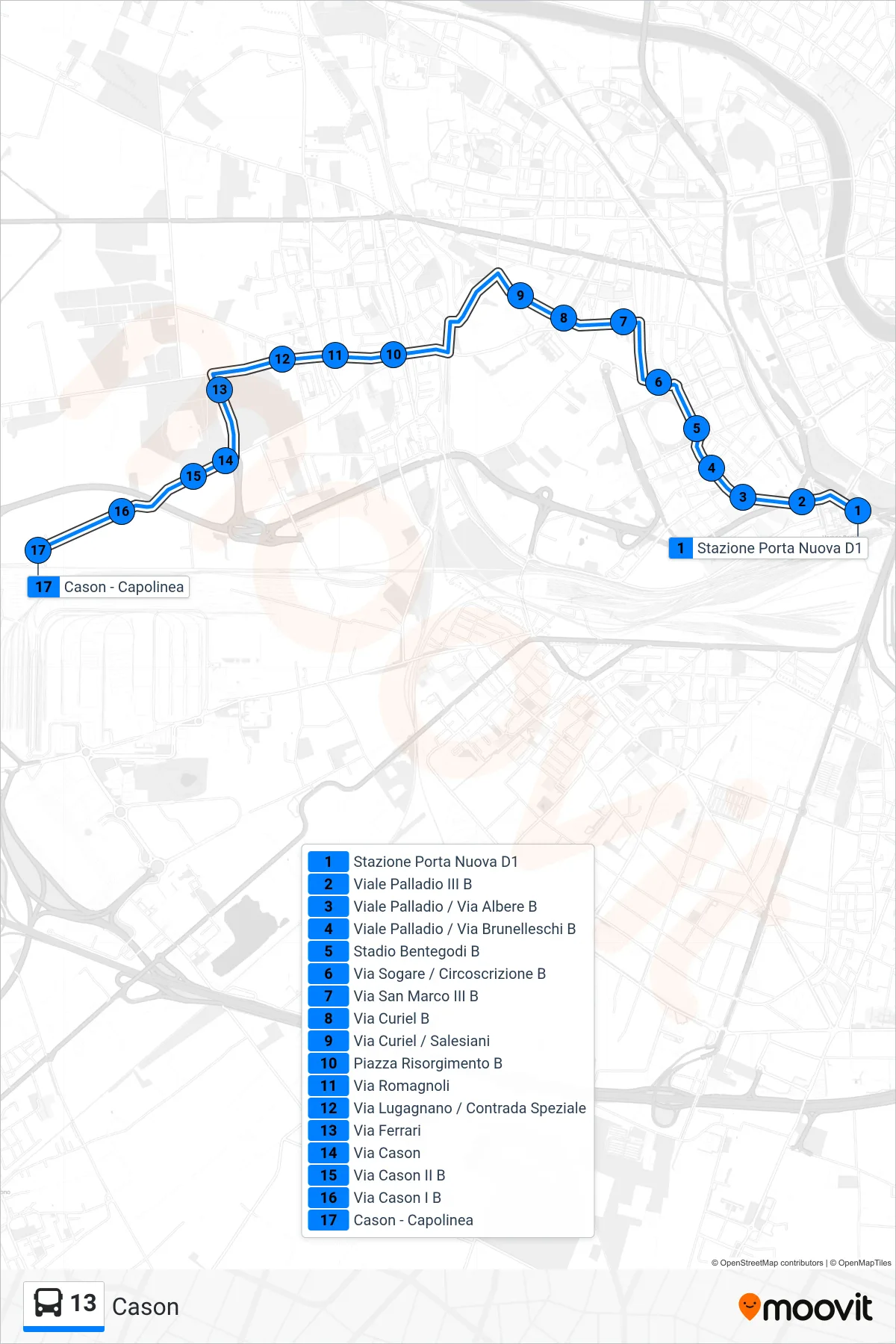 Linea 13  bus (Cason) - Percorsi e fermate sulla mappa
