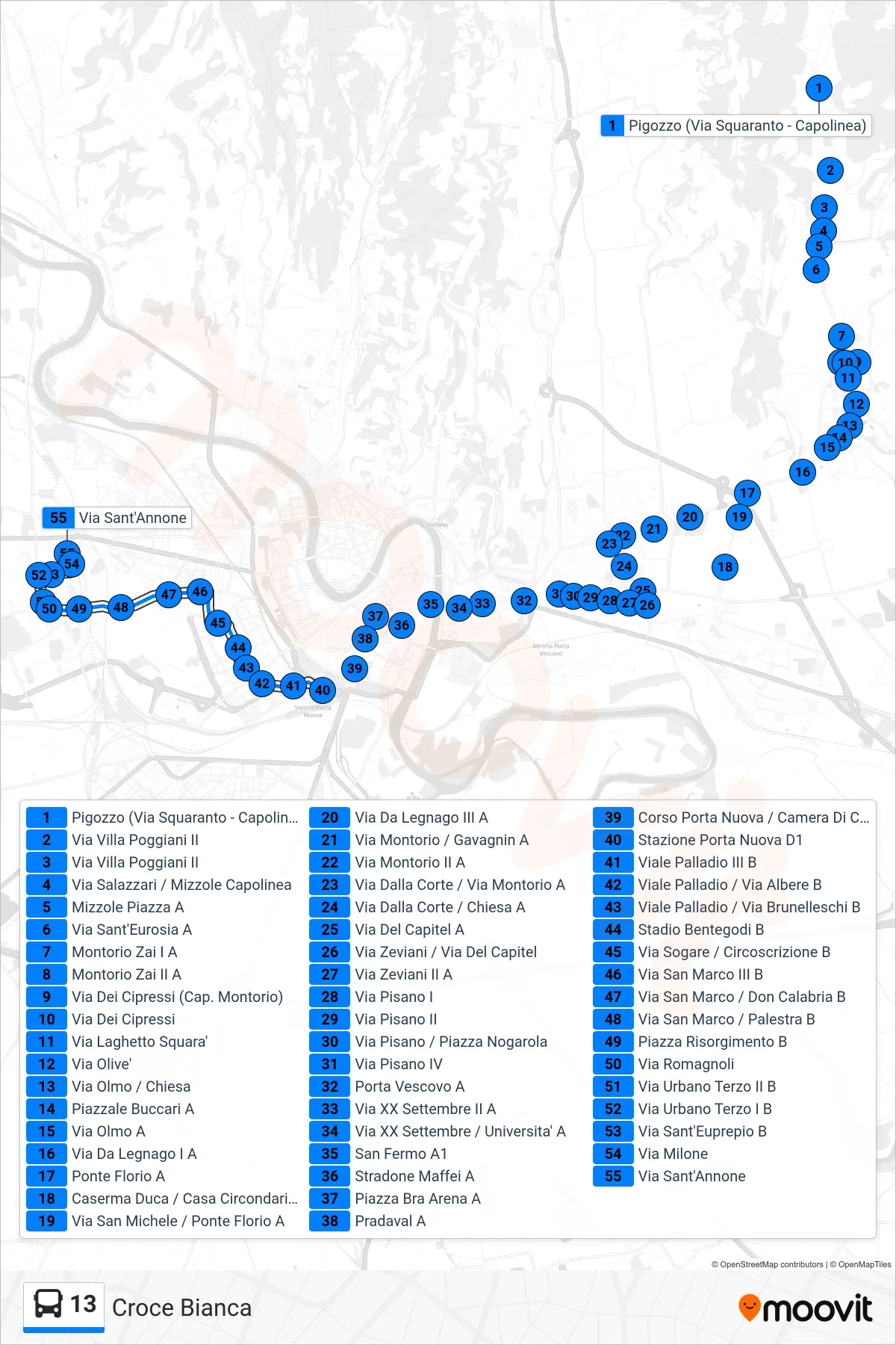 Linea 13 bus (Croce Bianca) - Percorsi e fermate sulla mappa