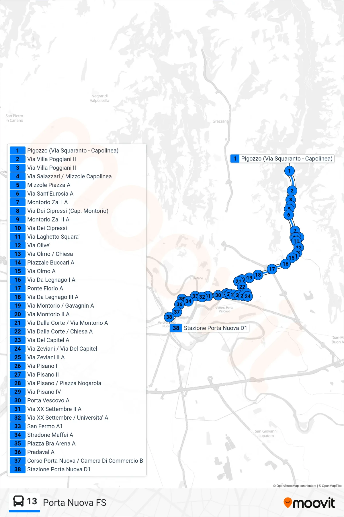 Linea 13 bus (Porta Nuova FS) - Percorsi e fermate sulla mappa