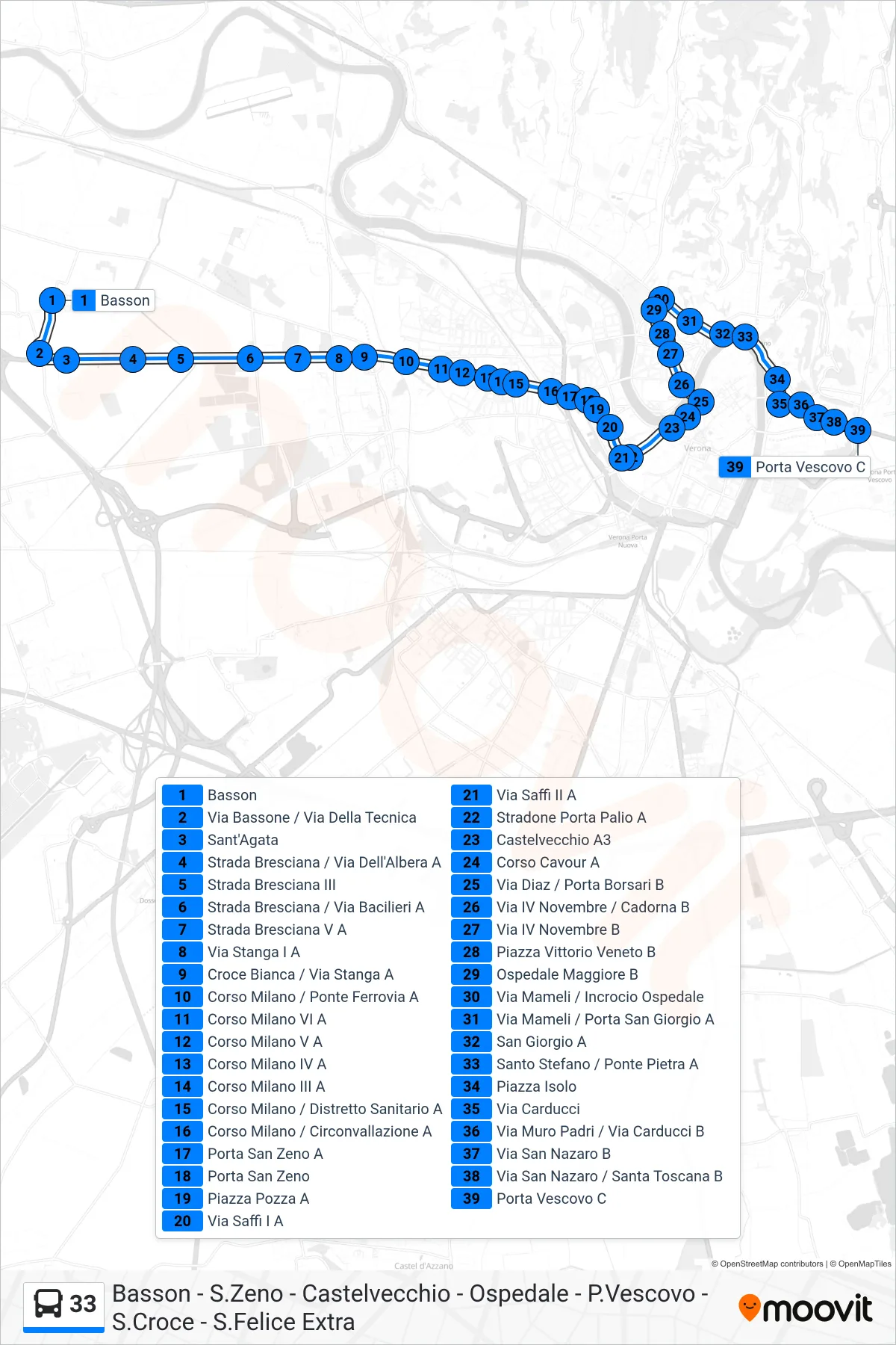 Linea 33 bus (Porta Vescovo) - Percorsi e fermate sulla mappa