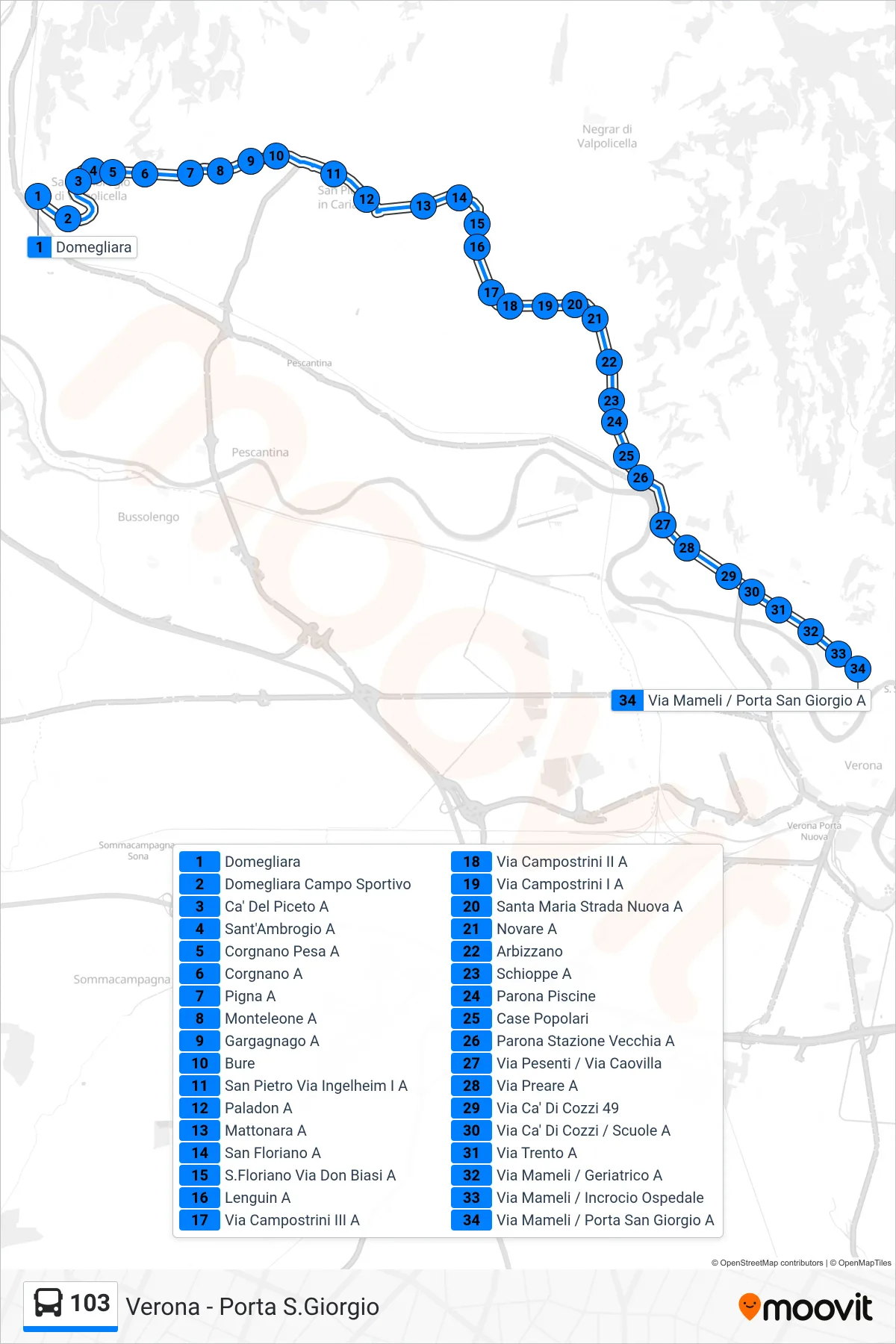 Linea 103 bus (Verona - Porta S.Giorgio) - Percorsi e fermate sulla mappa