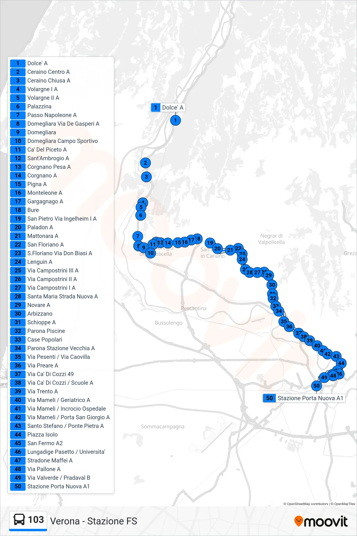 Linea 103 bus (Verona - Stazione FS) - Percorsi e fermate sulla mappa
