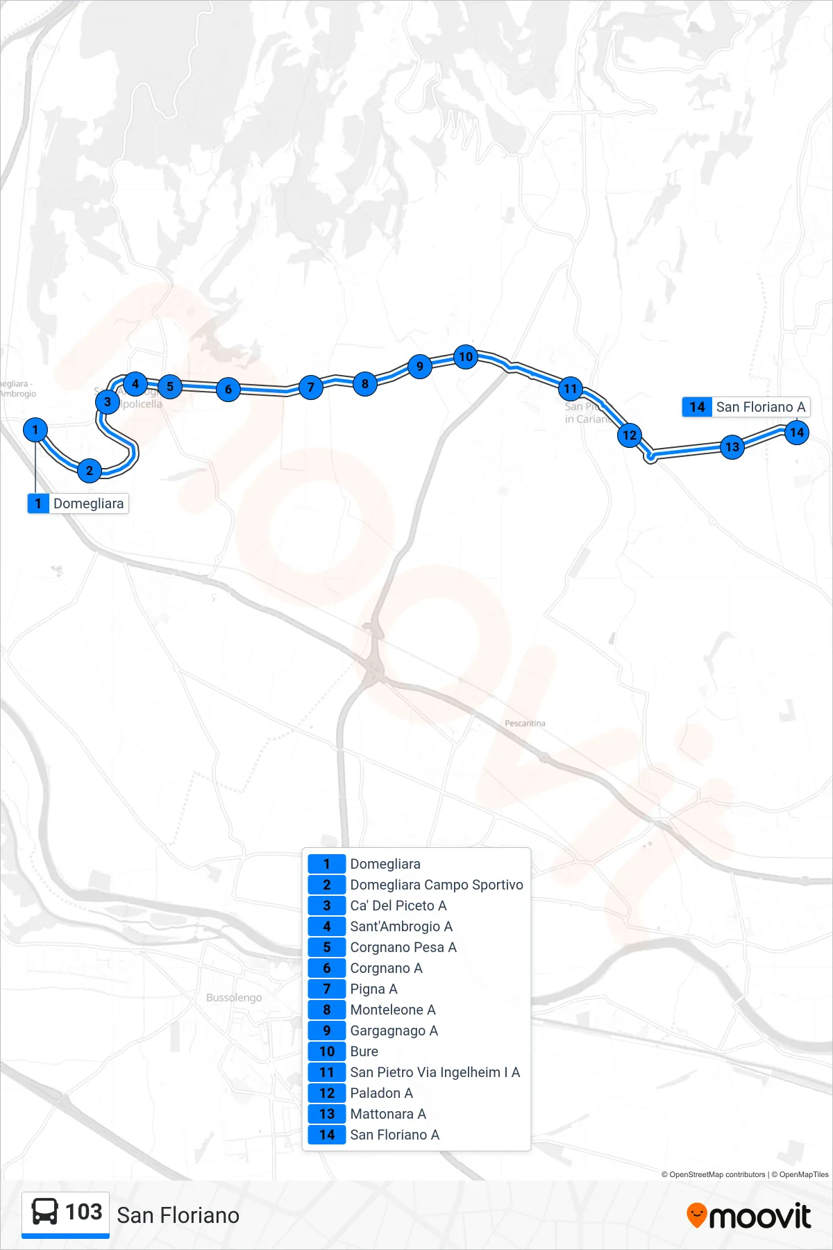 Linea 103 bus (San Floriano) - Percorsi e fermate sulla mappa