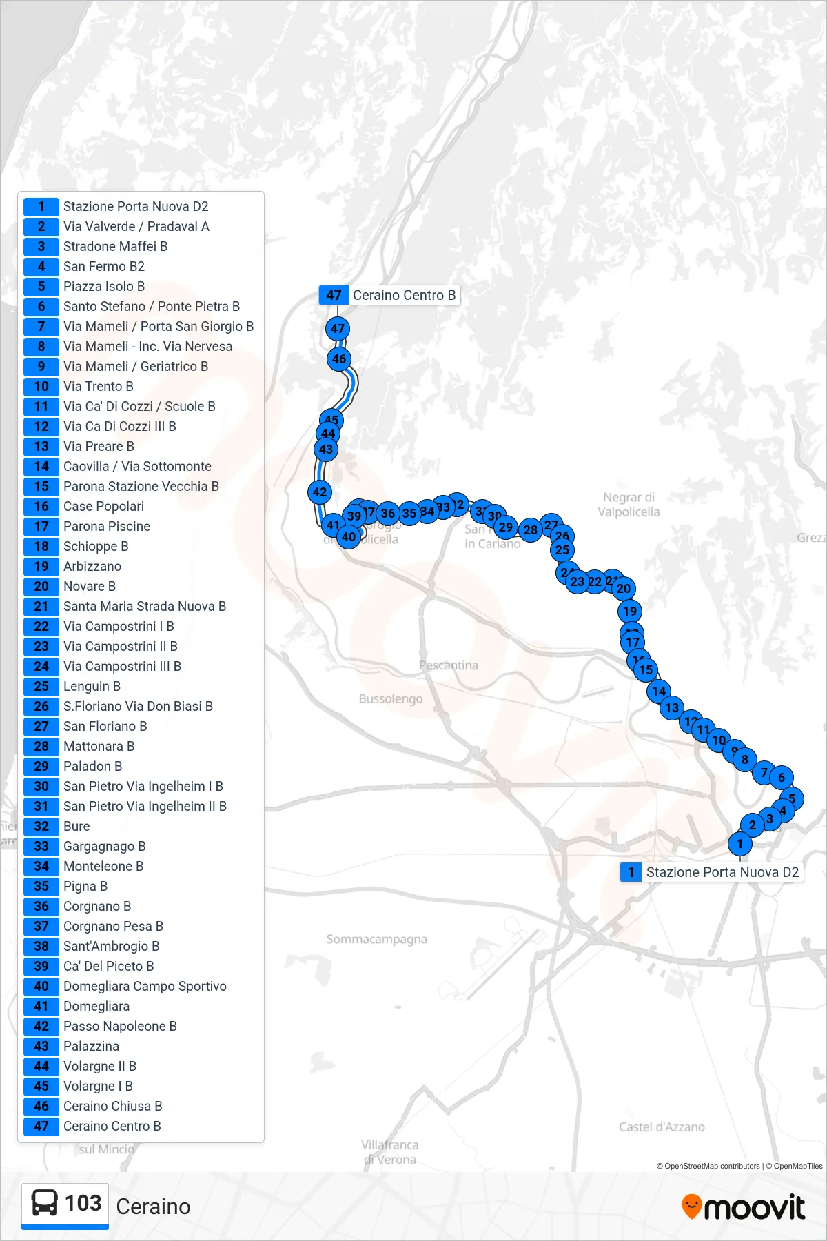 Linea 103  bus (Ceraino) - Percorsi e fermate sulla mappa