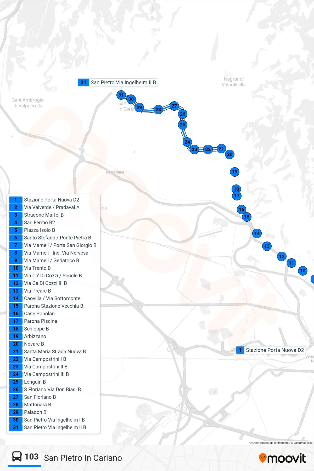 Linea 103  bus (San Pietro In Cariano) - Percorsi e fermate sulla mappa