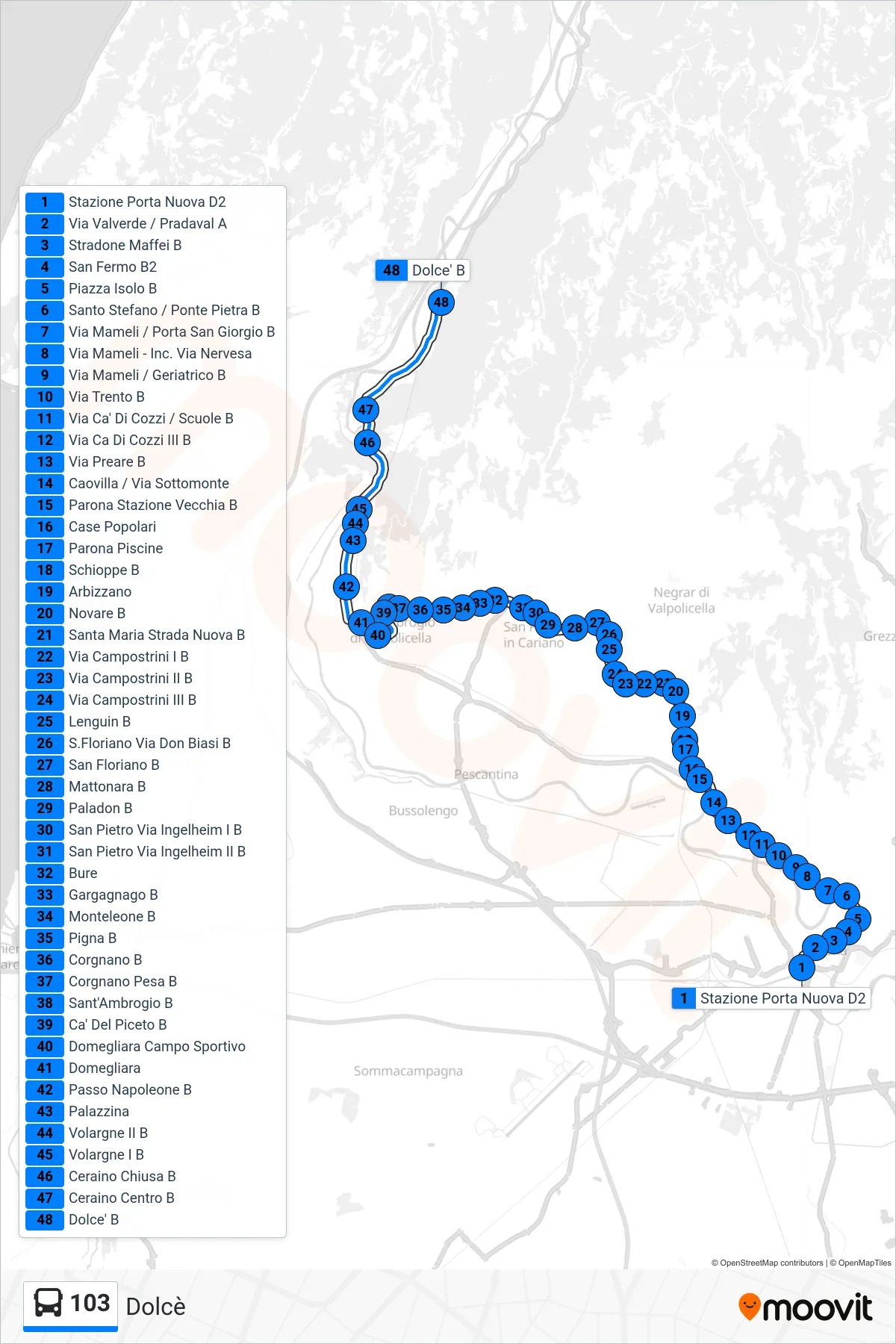 Linea 103 bus (Dolcè) - Percorsi e fermate sulla mappa