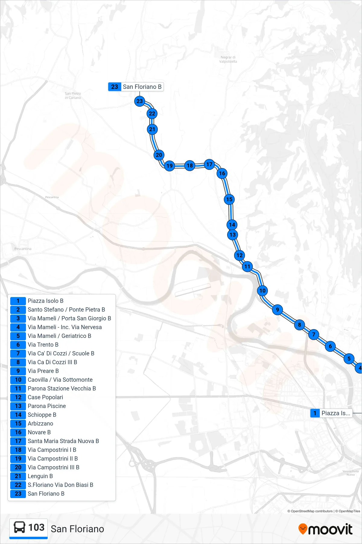 Linea 103  bus (San Floriano) - Percorsi e fermate sulla mappa
