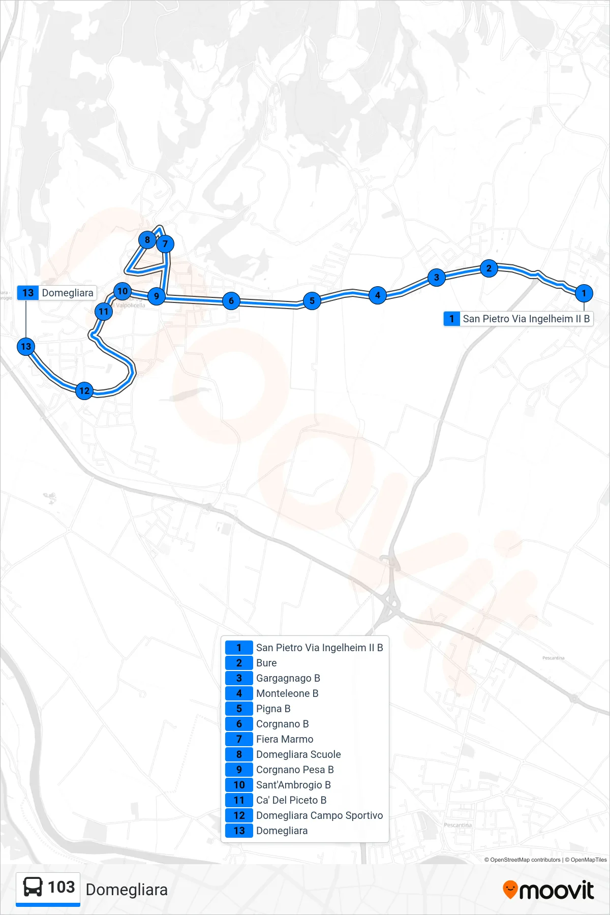 Linea 103  bus (Domegliara) - Percorsi e fermate sulla mappa