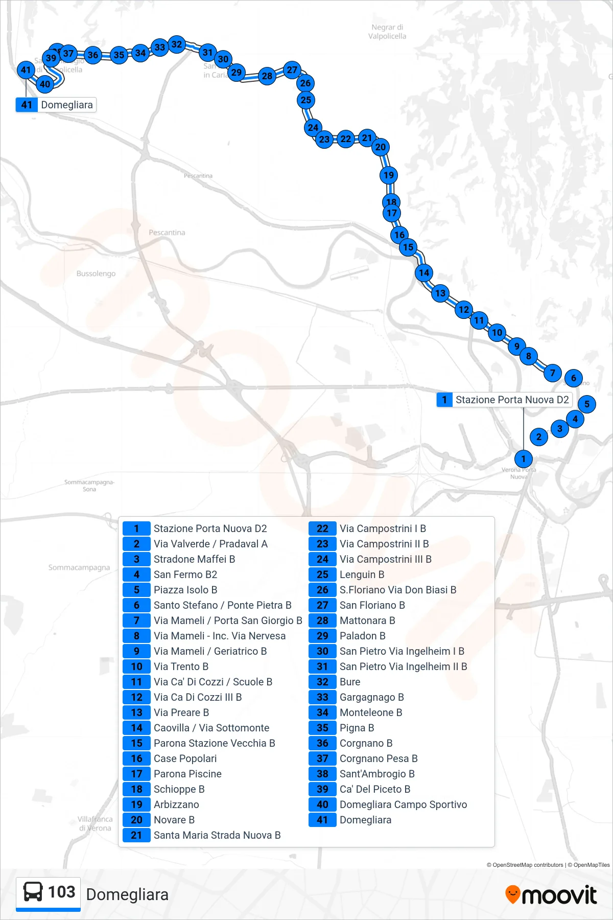 Linea 103 bus (Domegliara) - Percorsi e fermate sulla mappa