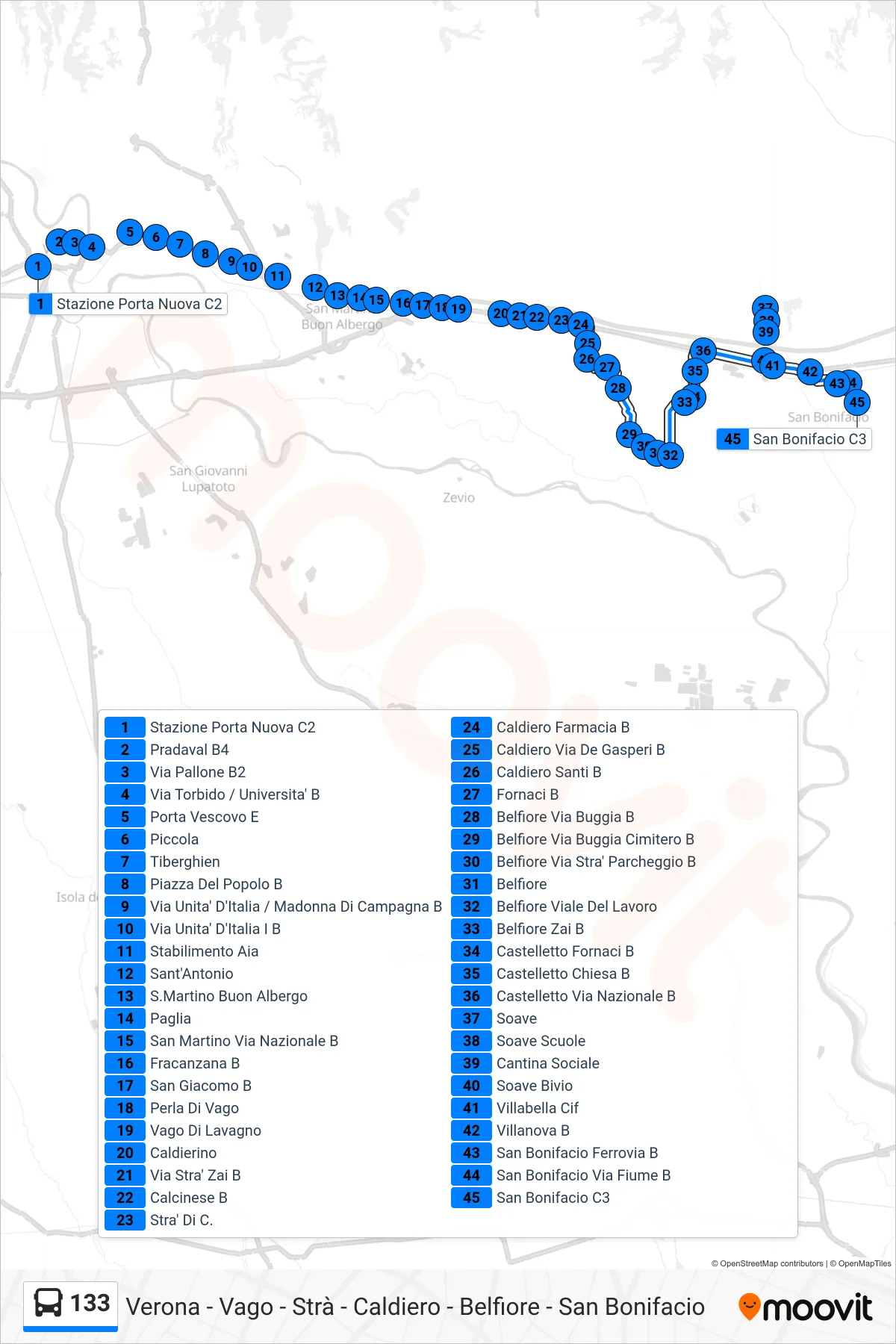Linea 133 bus (San Bonifacio) - Percorsi e fermate sulla mappa