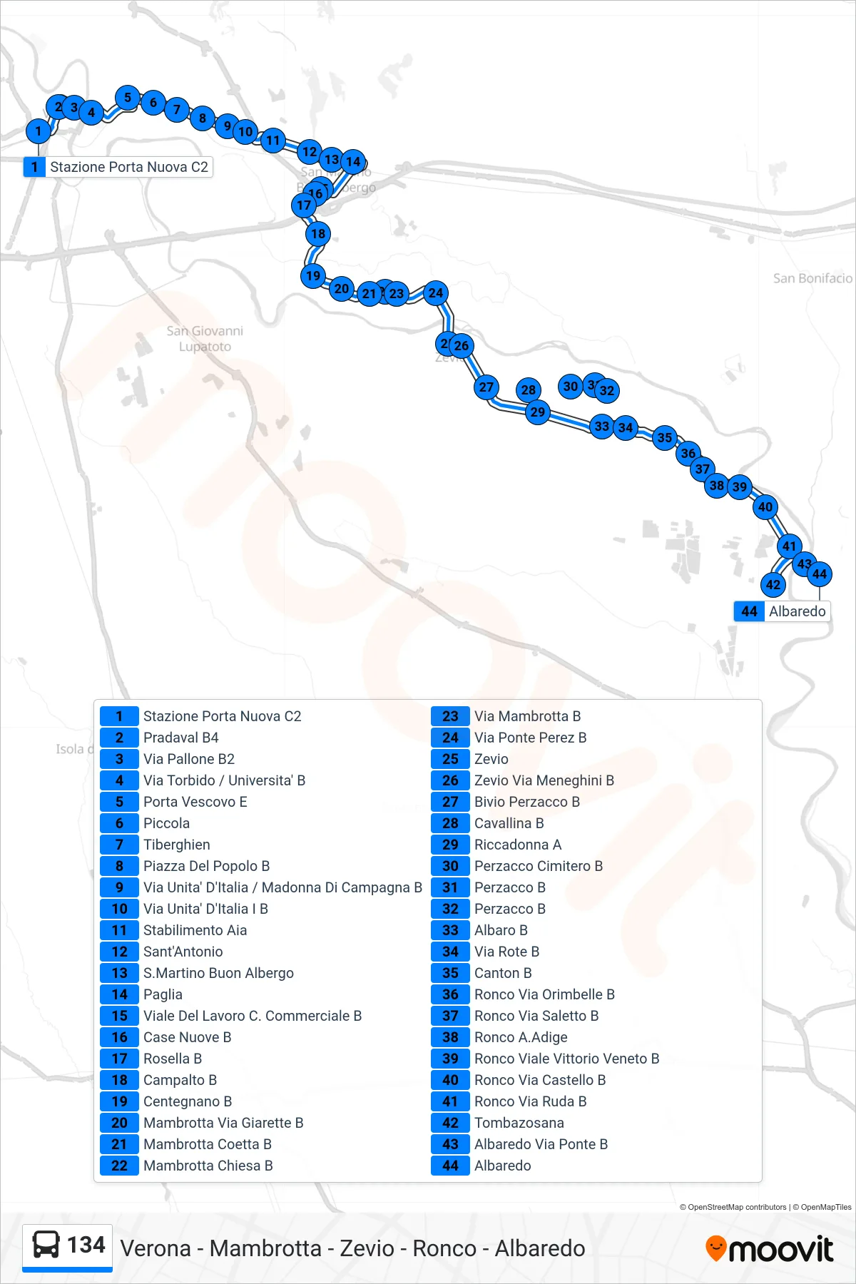 Linea 134  bus (Albaredo D'Adige) - Percorsi e fermate sulla mappa