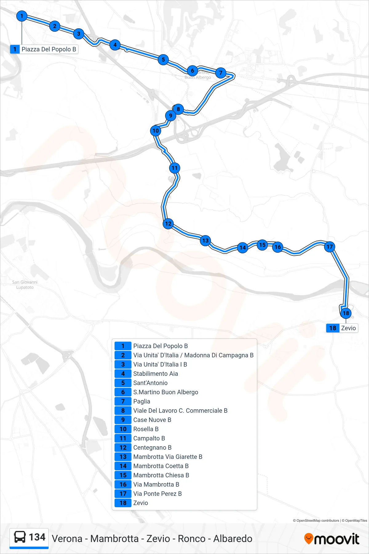 Linea 134 bus (Zevio) - Percorsi e fermate sulla mappa