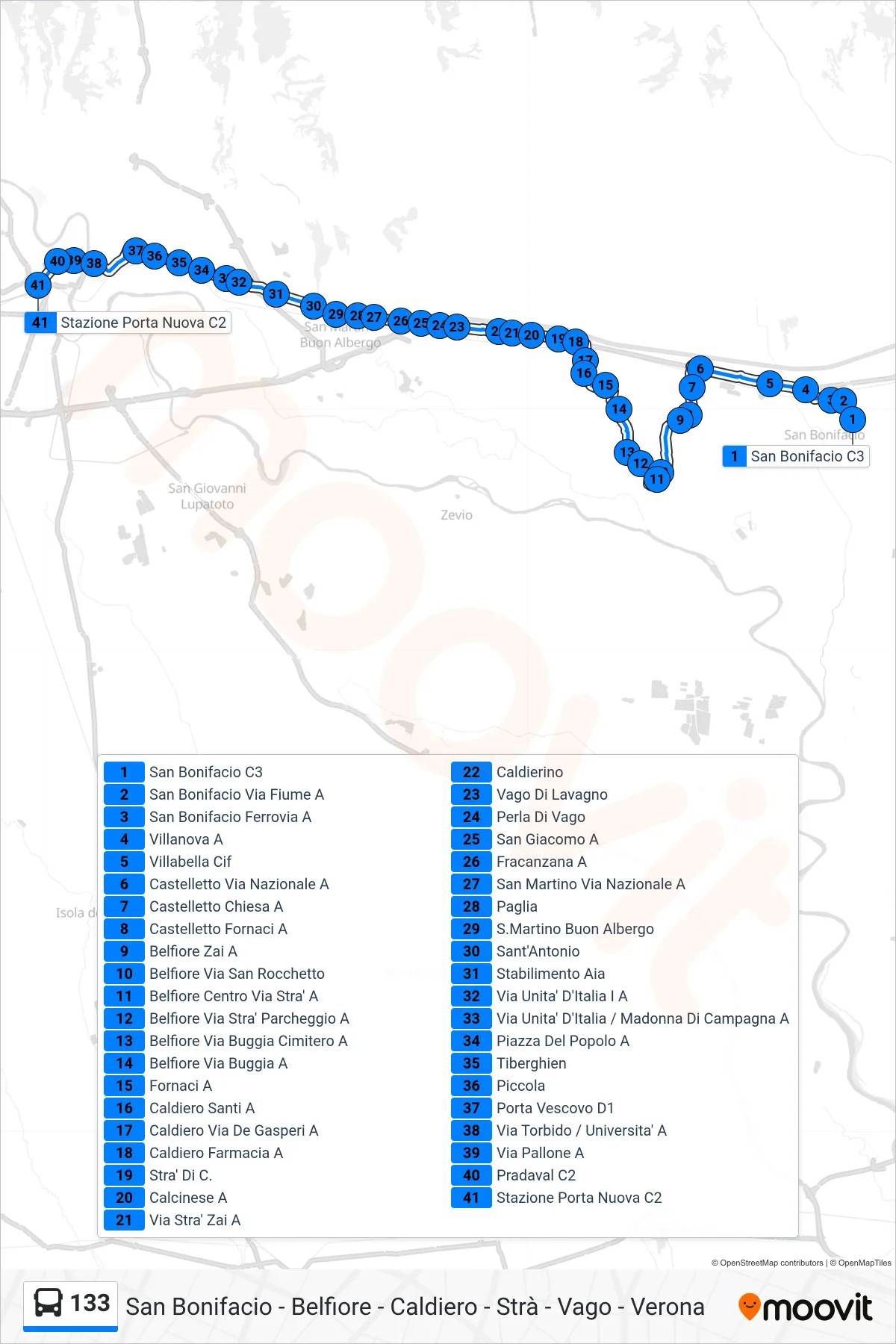 Linea 133 bus (Verona - Stazione FS) - Percorsi e fermate sulla mappa