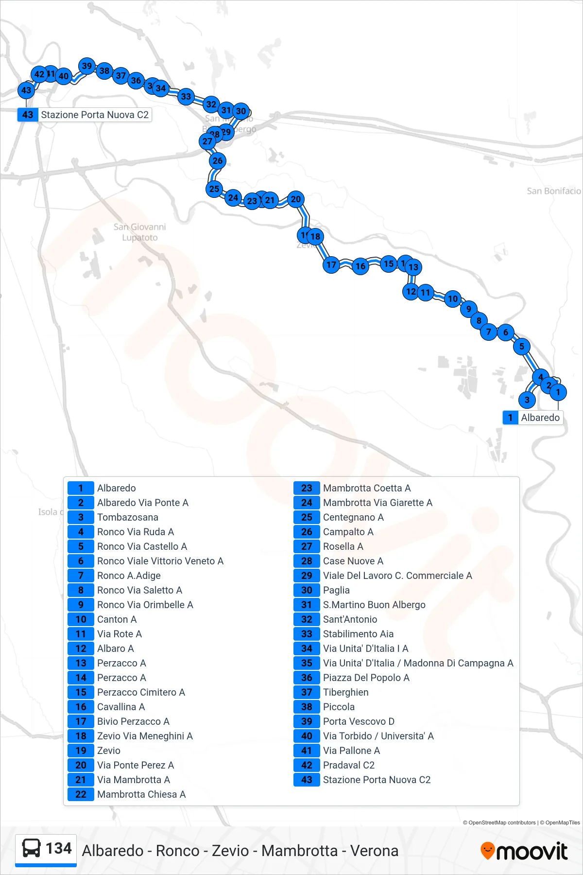 Linea 134  bus (Verona - Stazione FS) - Percorsi e fermate sulla mappa