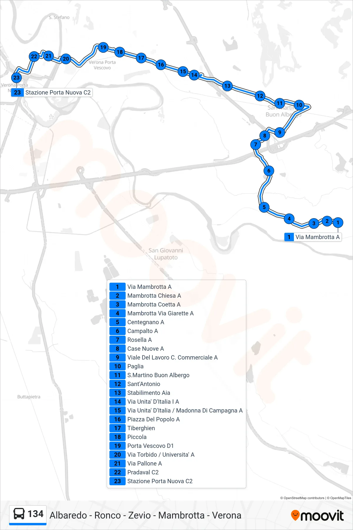 Linea 134 bus (Verona - Stazione FS) - Percorsi e fermate sulla mappa