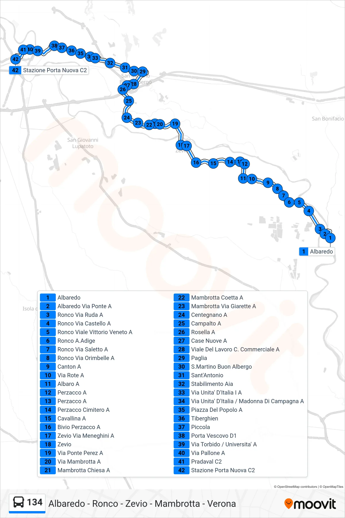 Linea 134  bus (Verona - Stazione FS) - Percorsi e fermate sulla mappa