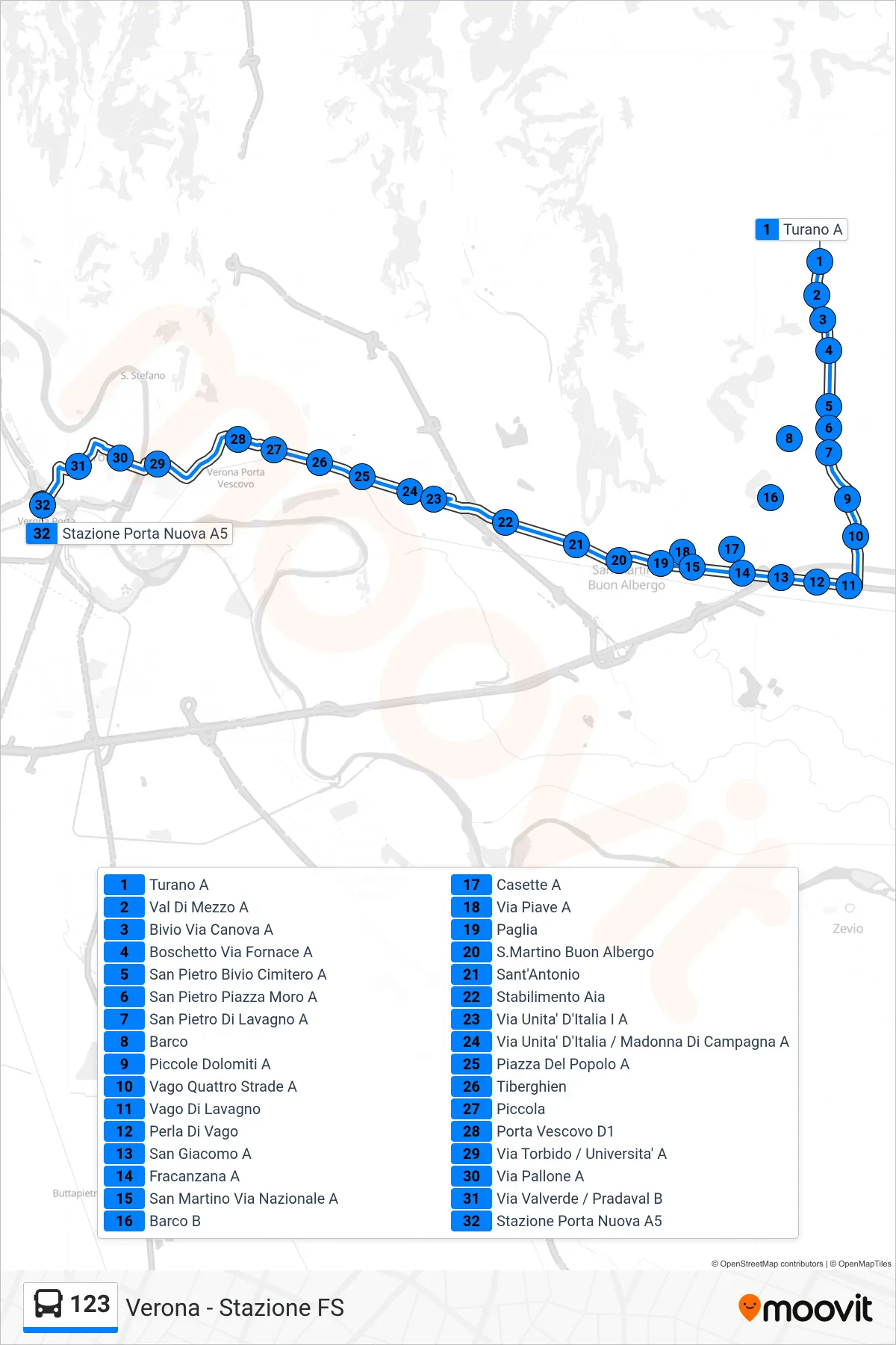 Linea 123  bus (Verona - Stazione FS) - Percorsi e fermate sulla mappa