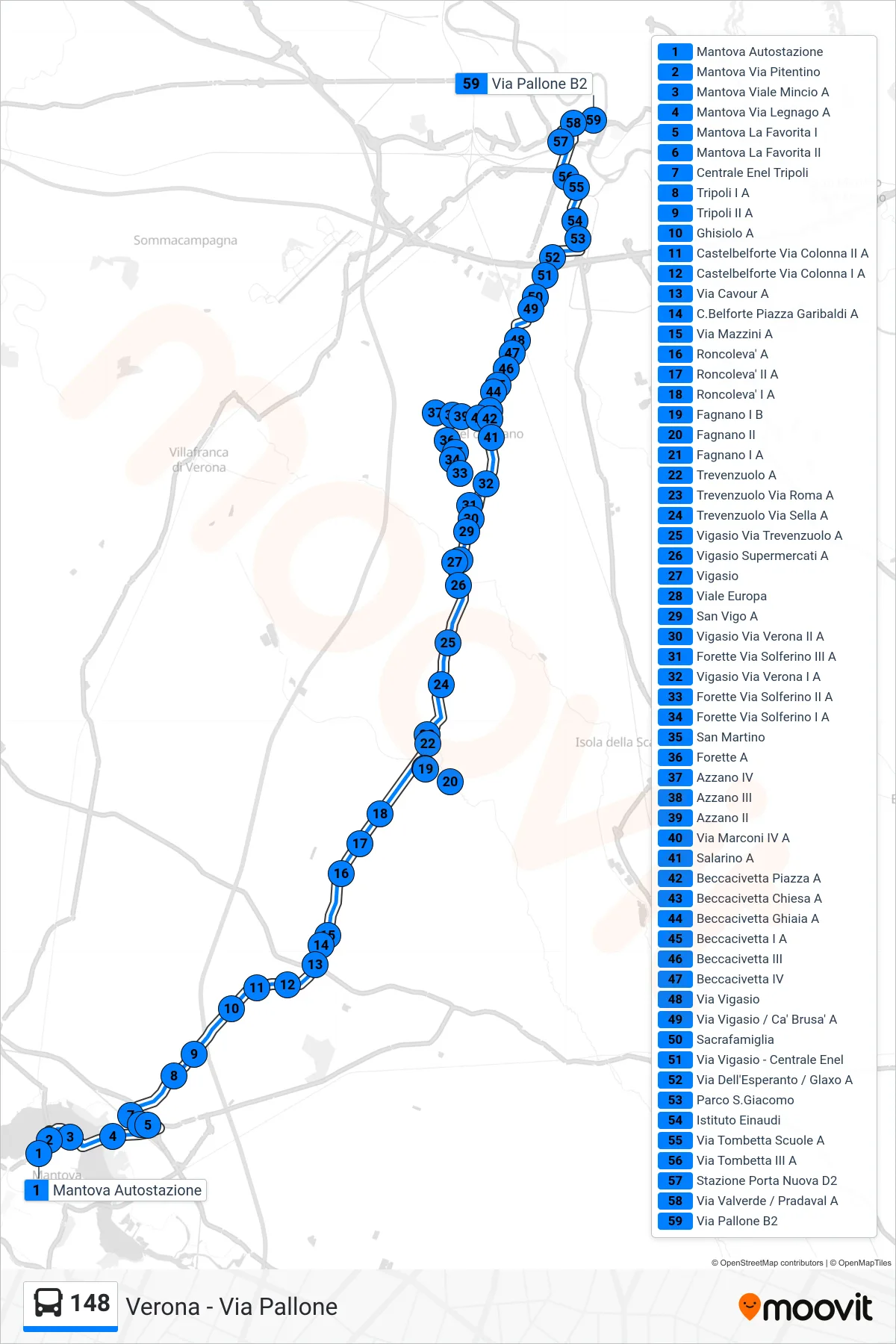 Linea 148 bus (Verona - Via Pallone) - Percorsi e fermate sulla mappa