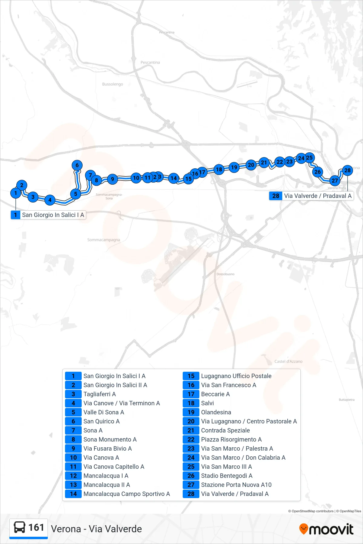 Linea 161 bus (Verona - Via Valverde) - Percorsi e fermate sulla mappa
