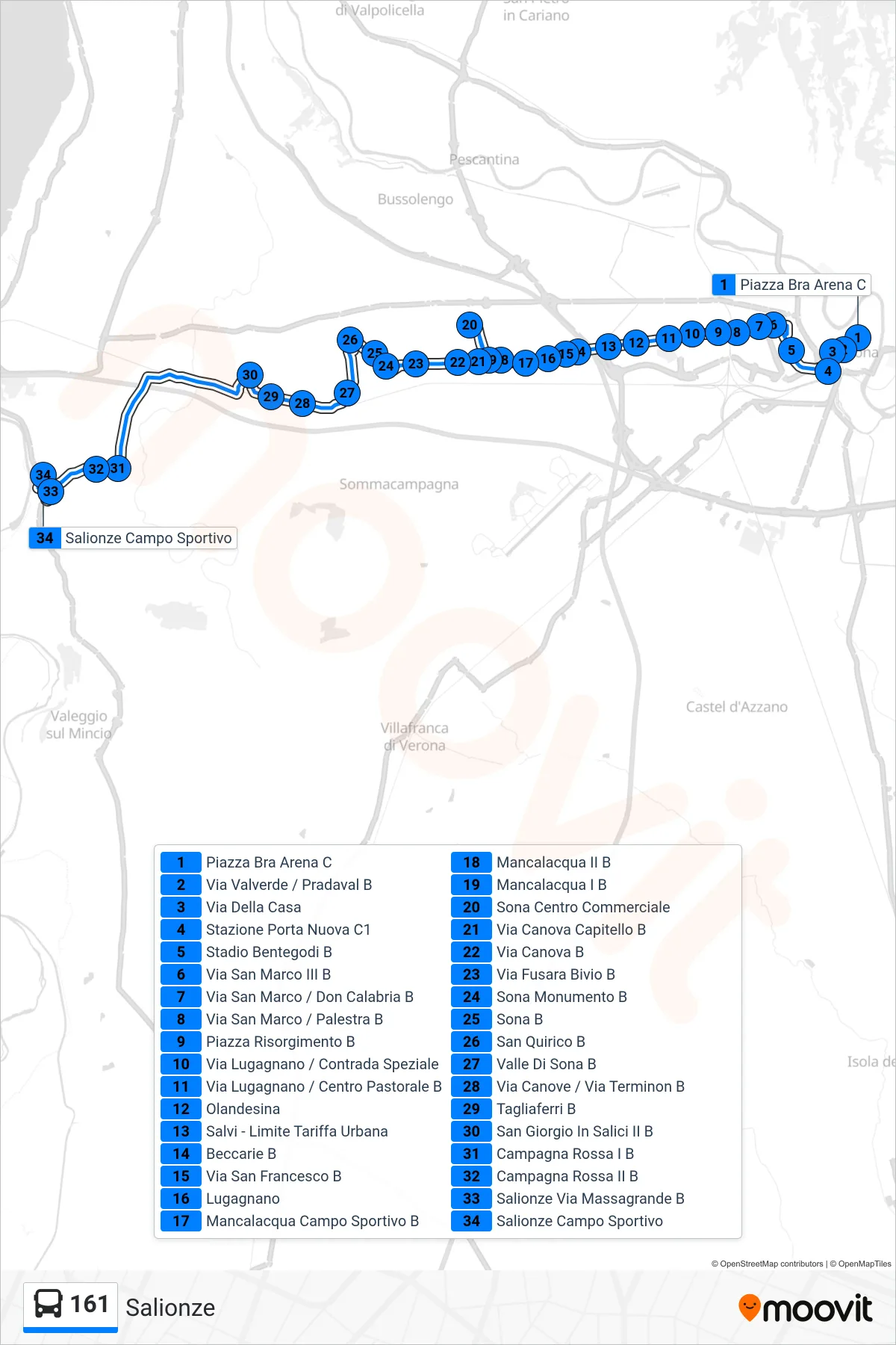 Linea 161 bus (Salionze) - Percorsi e fermate sulla mappa