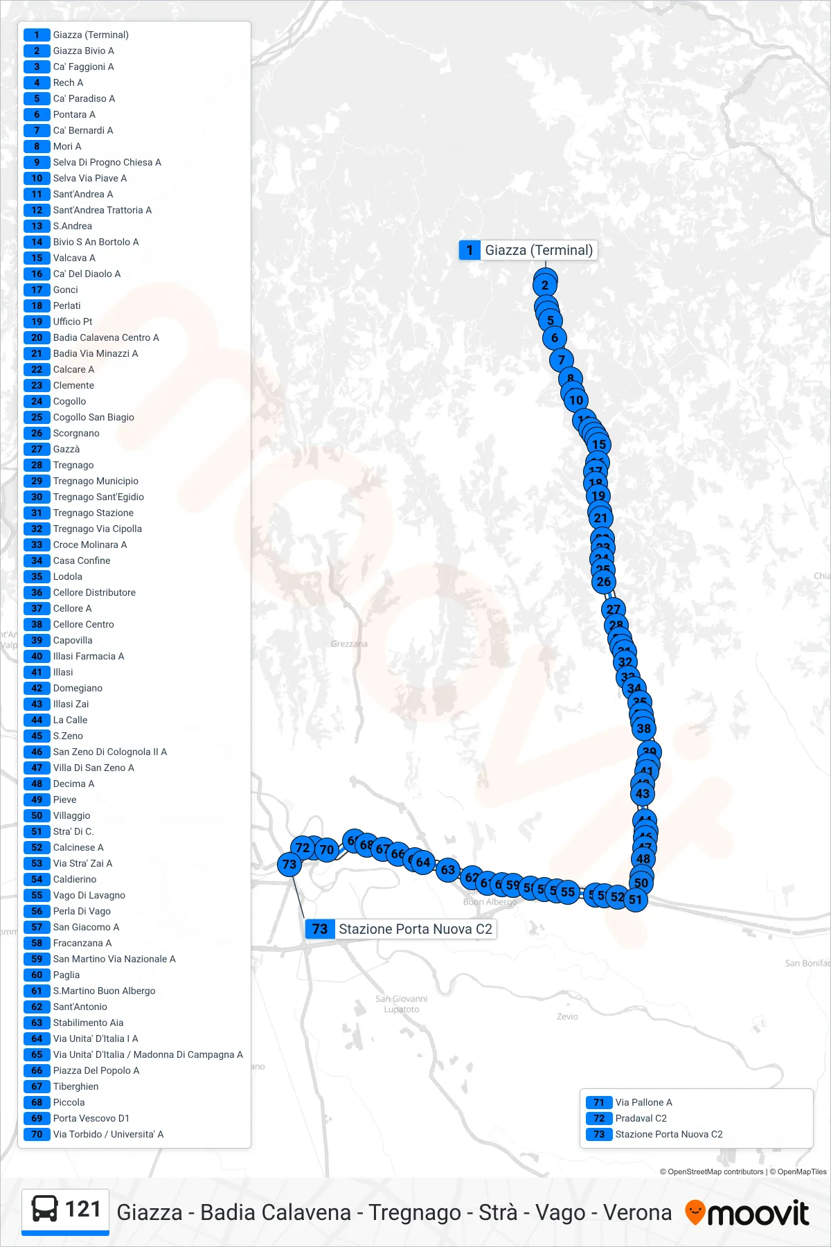 Linea 121 bus (Verona - Stazione FS) - Percorsi e fermate sulla mappa