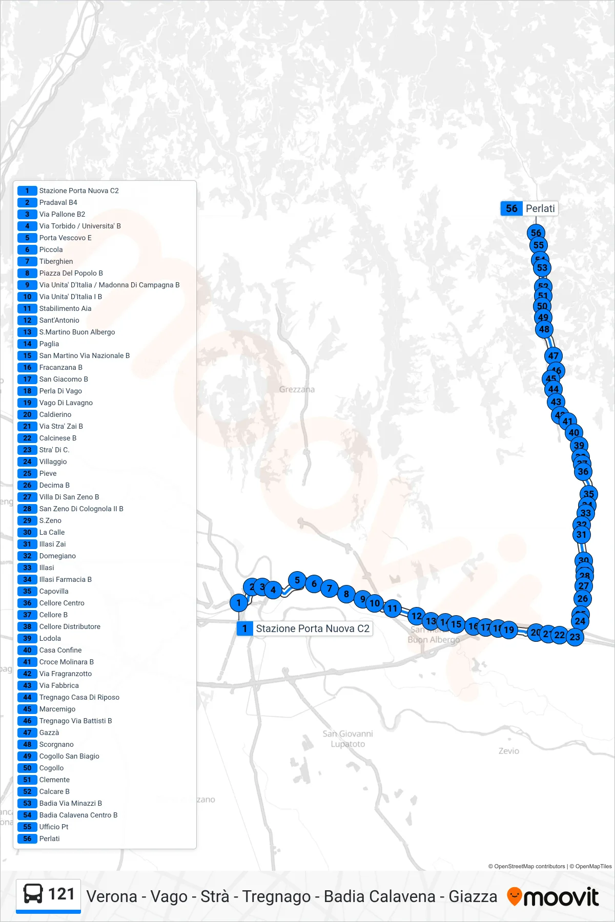 Linea 121  bus (Perlati) - Percorsi e fermate sulla mappa