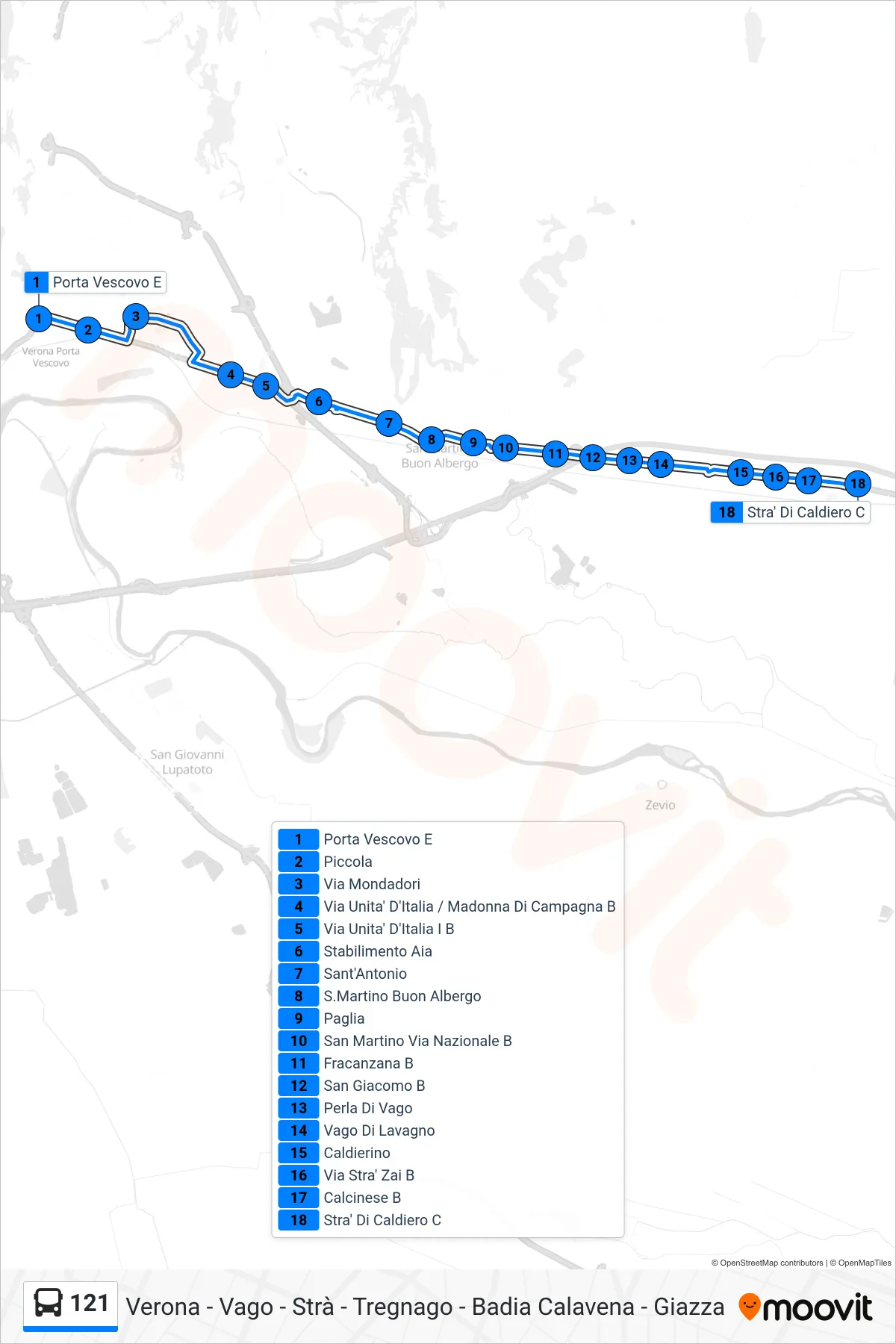 Linea 121 bus (Strà) - Percorsi e fermate sulla mappa
