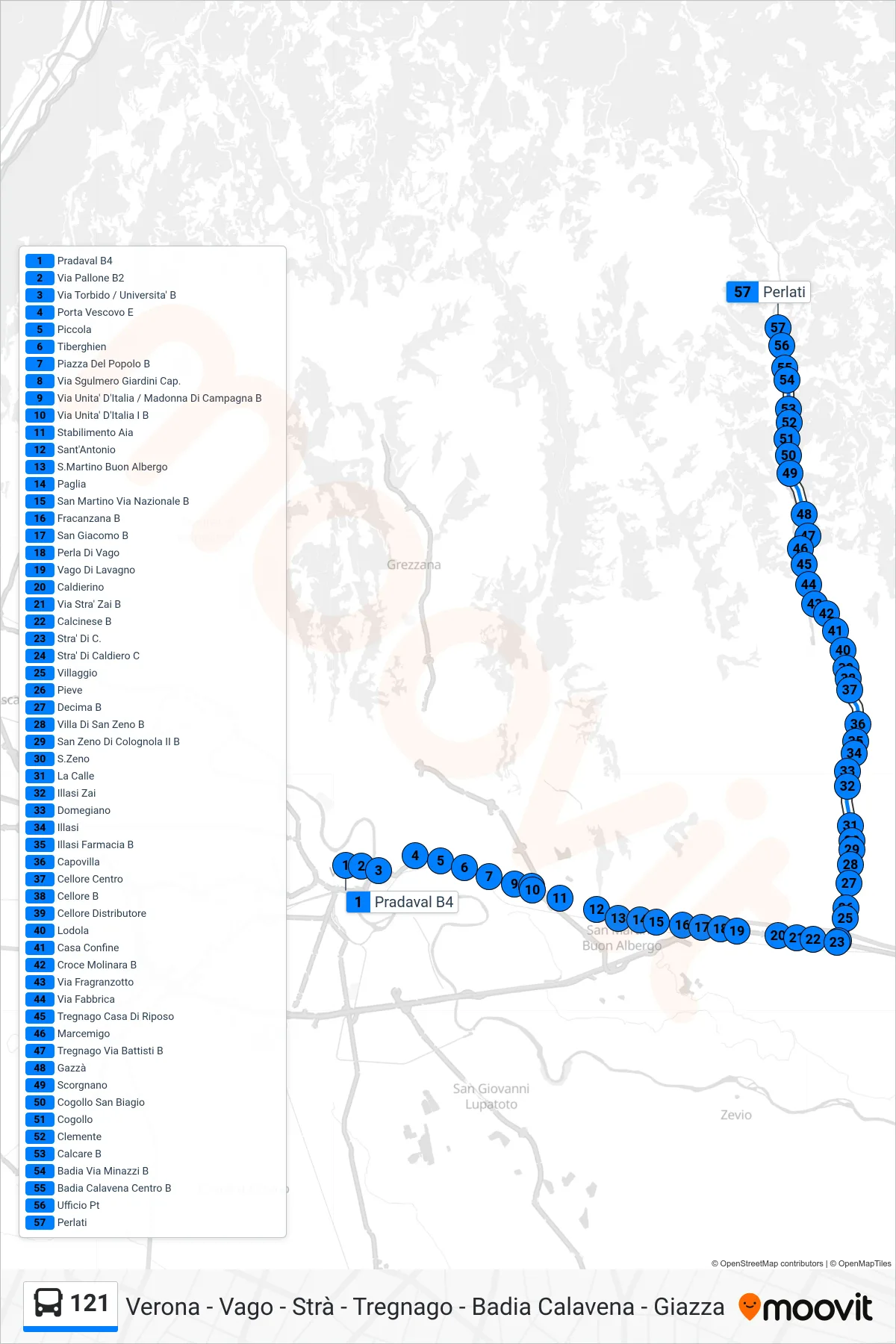Linea 121 bus (Perlati) - Percorsi e fermate sulla mappa