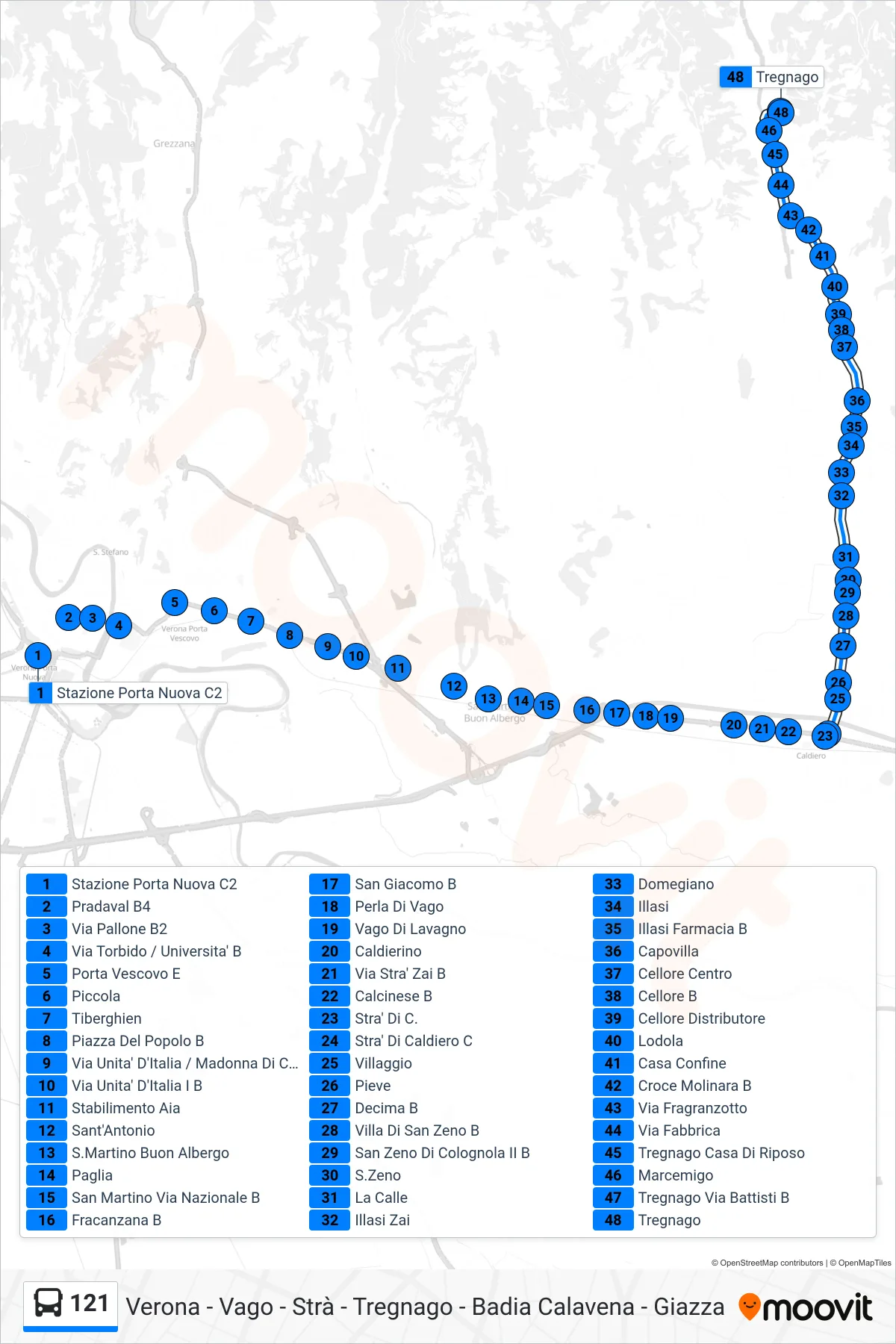Linea 121  bus (Tregnago) - Percorsi e fermate sulla mappa