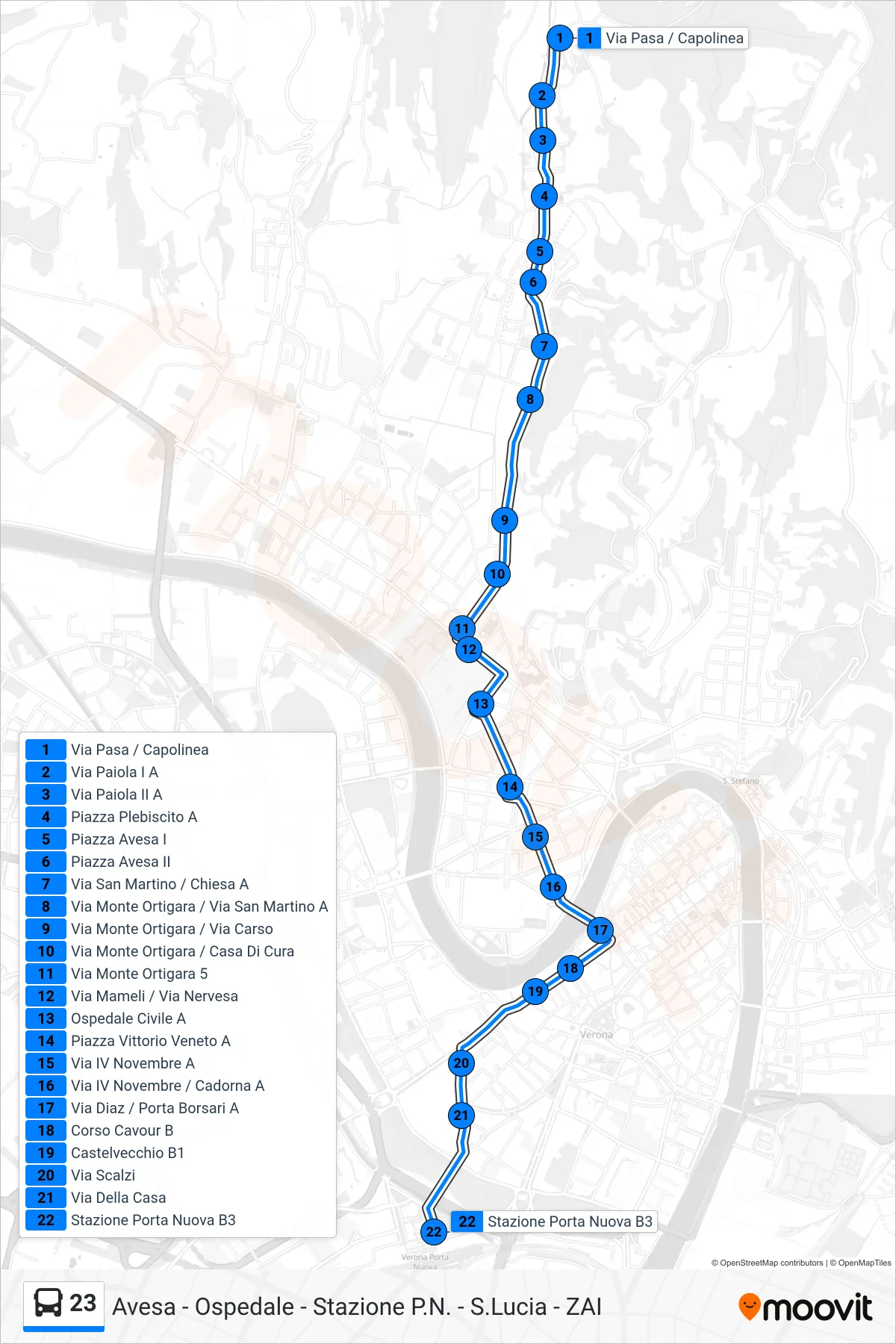 Linea 23  bus (Porta Nuova FS) - Percorsi e fermate sulla mappa