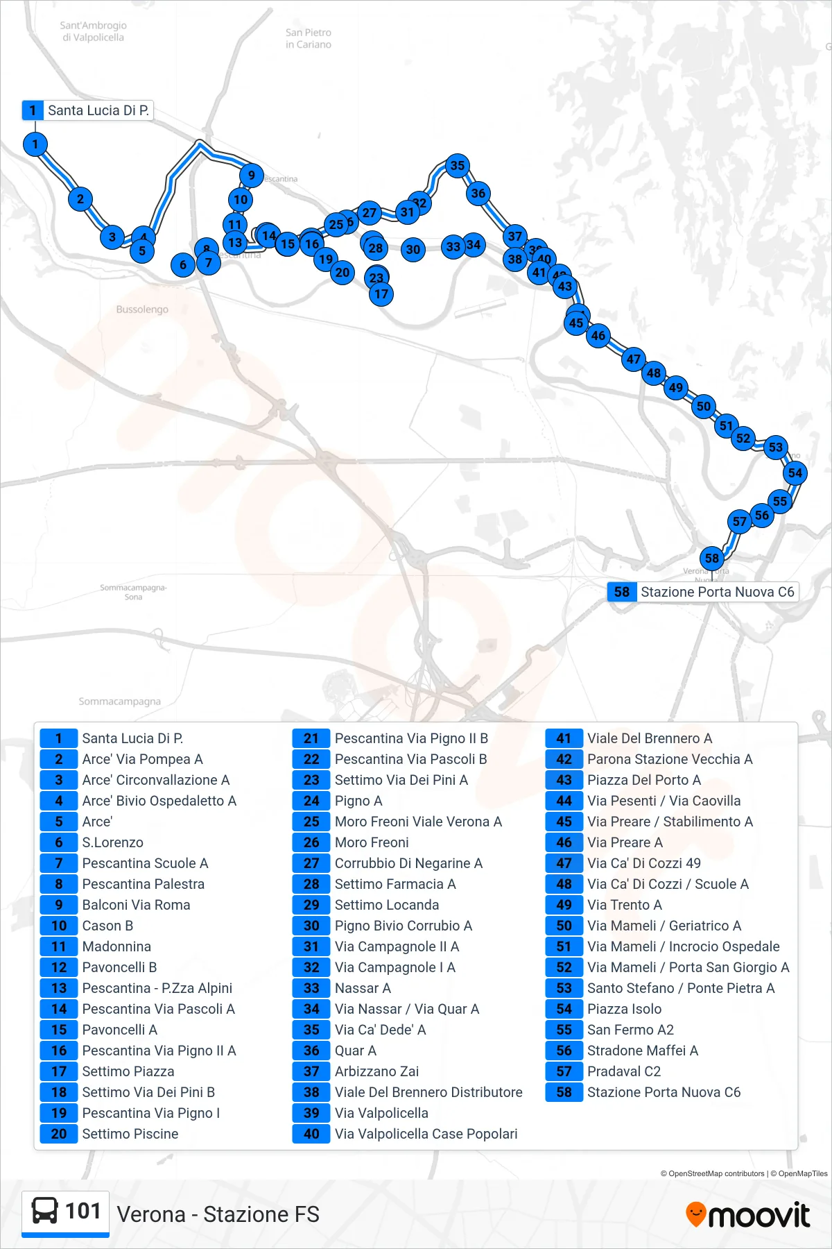 Linea 101  bus (Verona - Stazione FS) - Percorsi e fermate sulla mappa