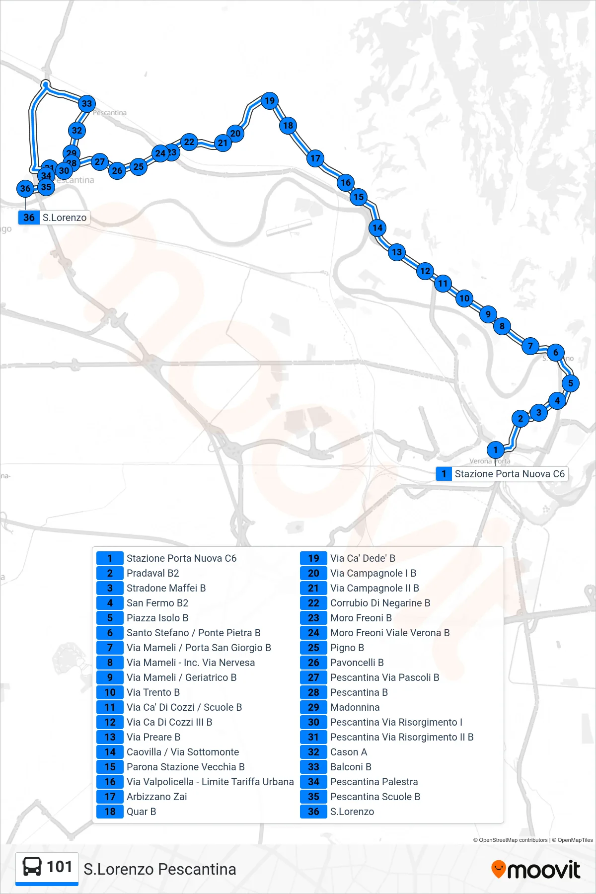 Linea 101 bus (S.Lorenzo Pescantina) - Percorsi e fermate sulla mappa