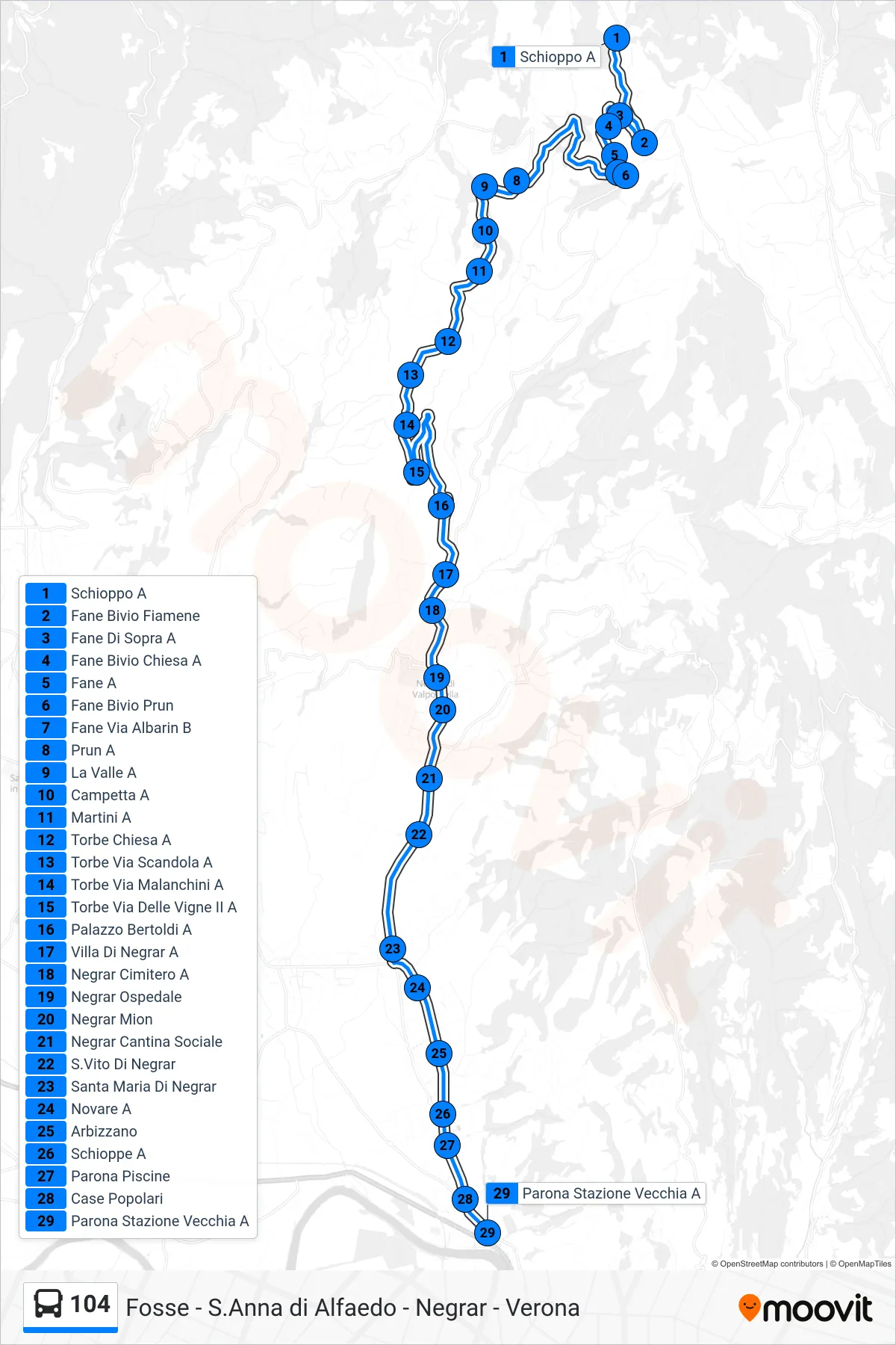 Linea 104 bus (Parona - Ex Stazione) - Percorsi e fermate sulla mappa