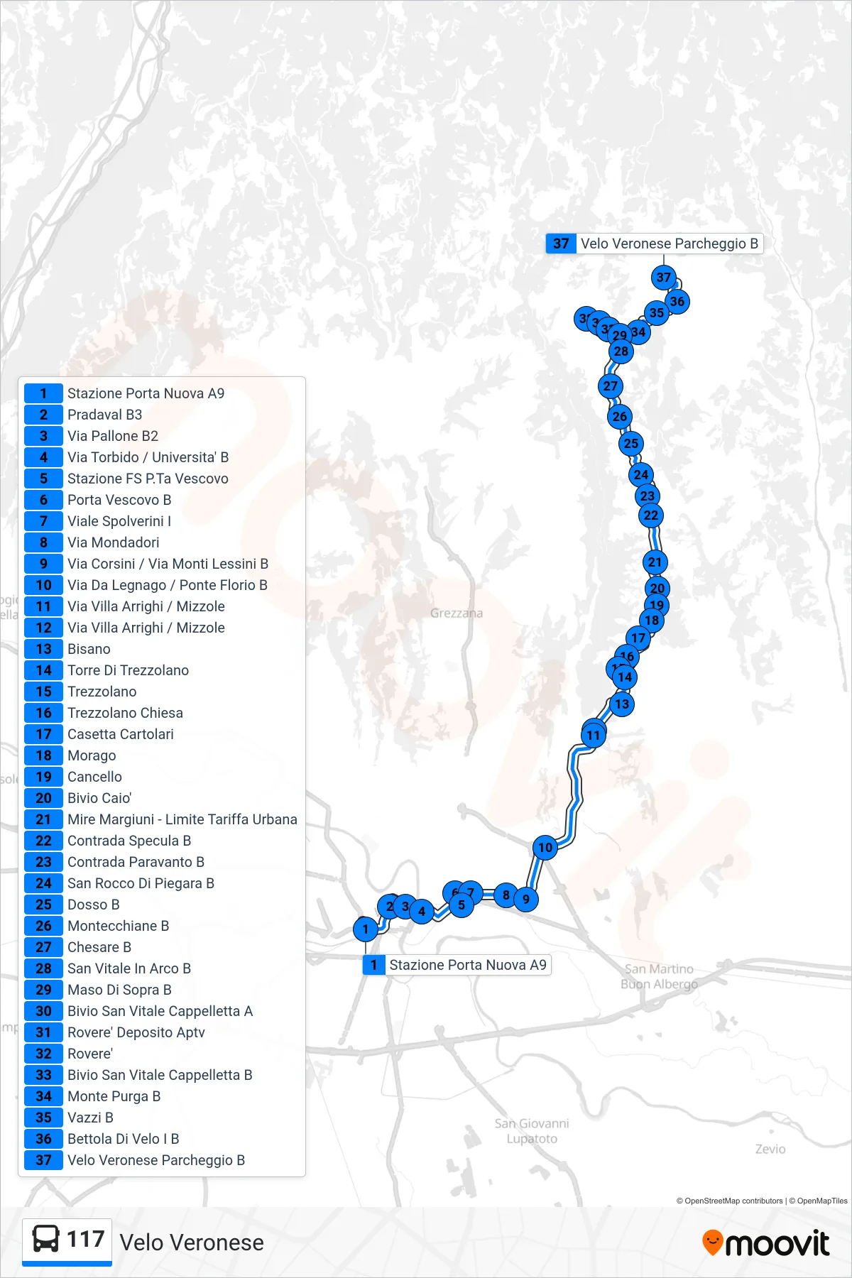 Linea 117 bus (Velo Veronese) - Percorsi e fermate sulla mappa