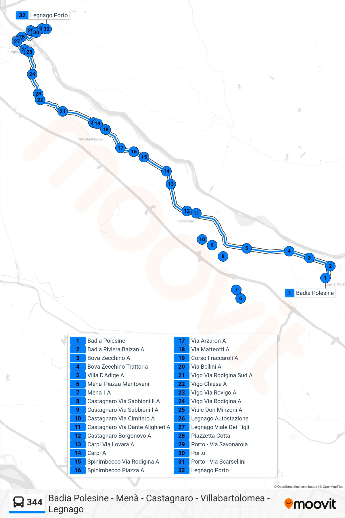 Linea 344 bus (Legnago Porto) - Percorsi e fermate sulla mappa