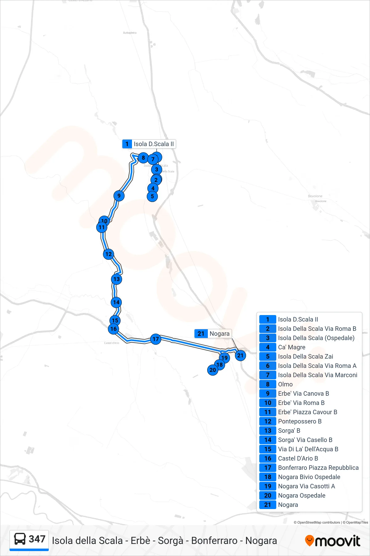 Linea 347  bus (Nogara) - Percorsi e fermate sulla mappa